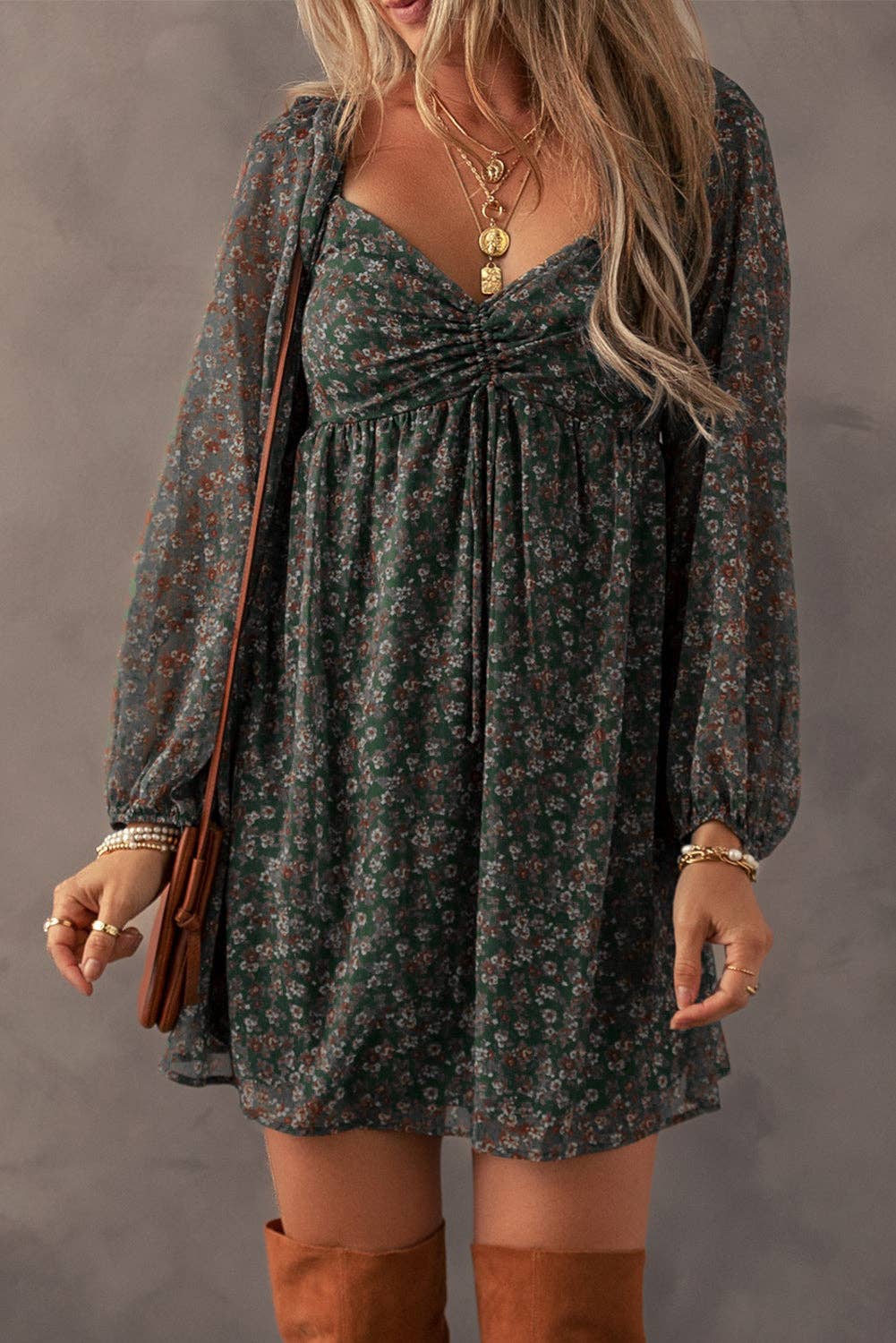 Green Floral Sweetheart Neck Mini Dress