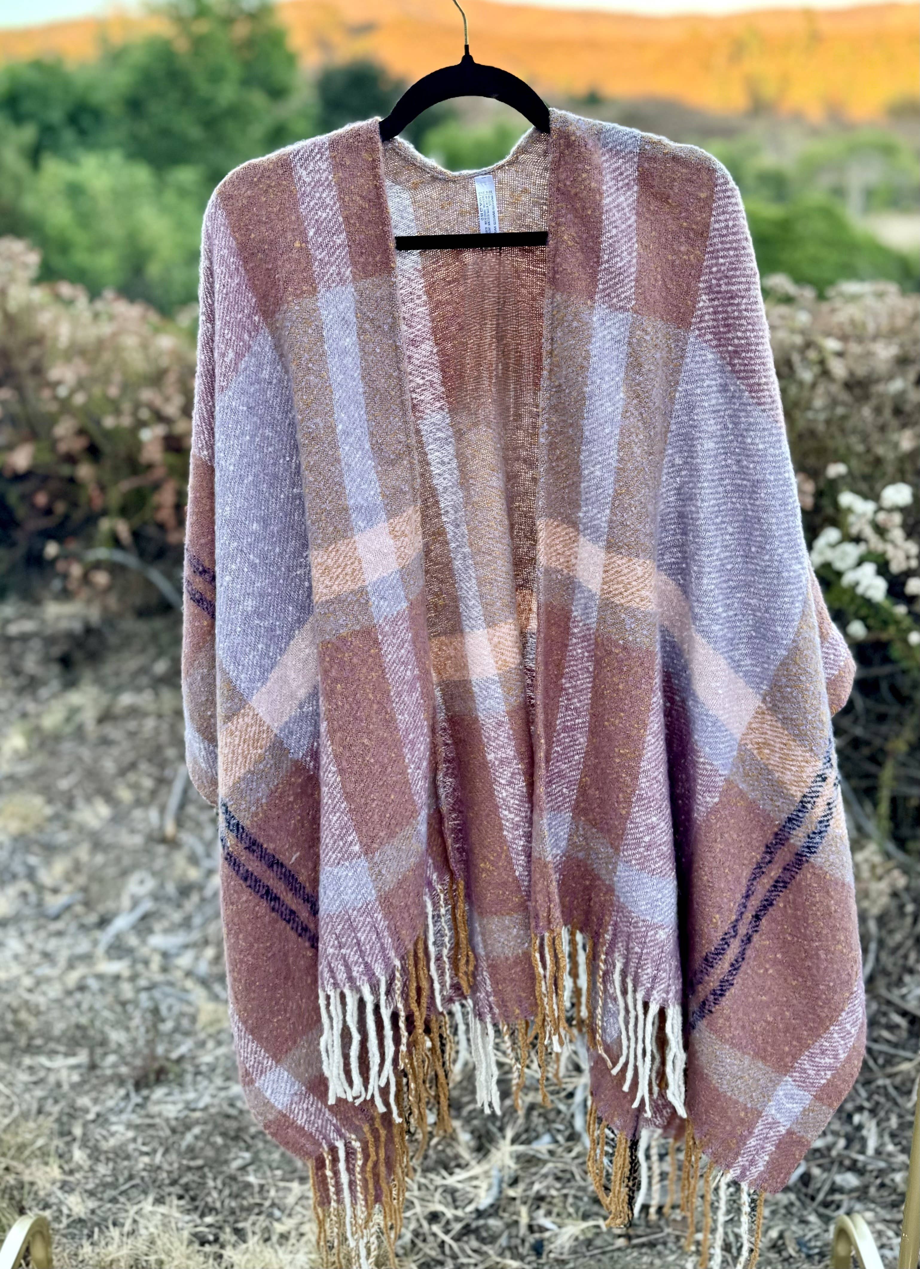 Autumn Sky Plaid Kimono w/ Tassel Trim