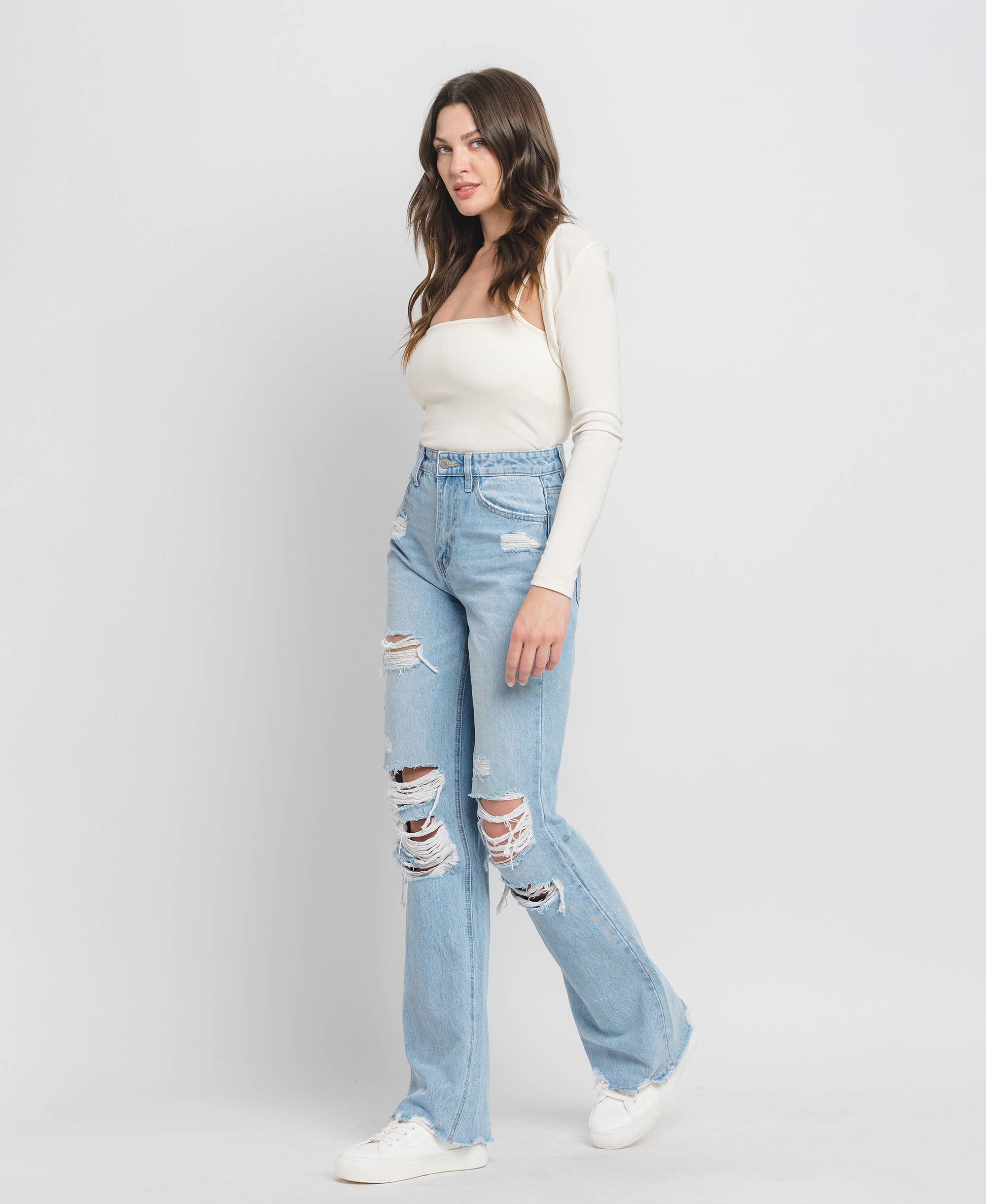90'S VINTAGE SUPER HIGH RISE DISTRESSED FLARE JEANS