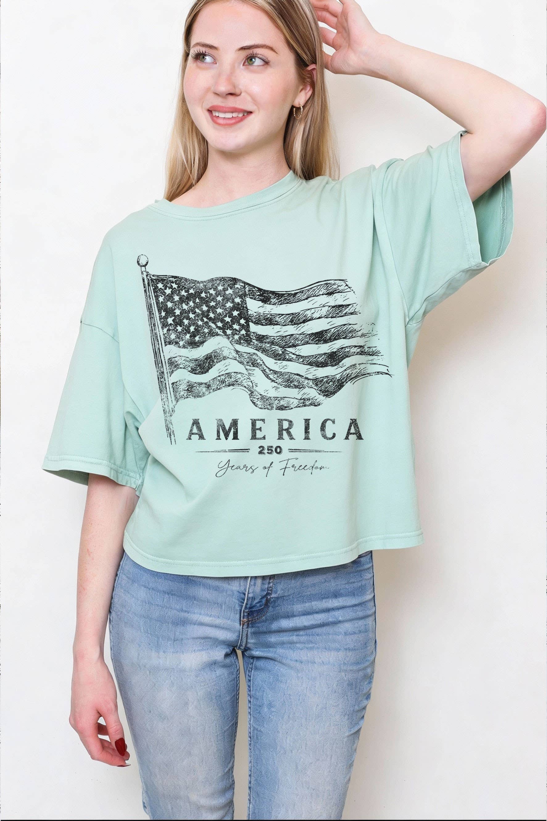 AMERICA 250 YEARS OF FREEDOM FLAG GRAPHIC LONG CROP TOP