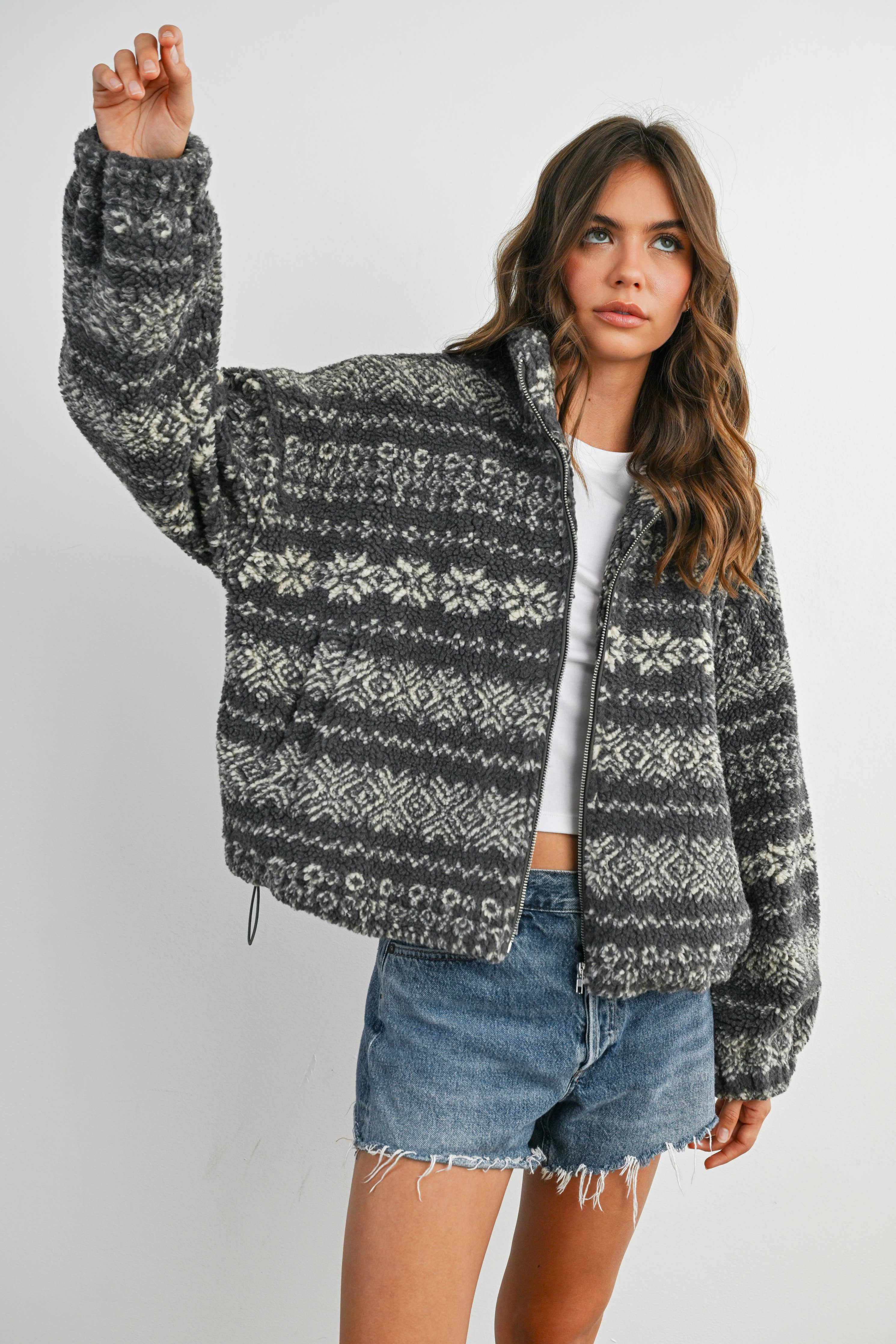 Fuzzy Fleece Zip-Front Patterned Jacket