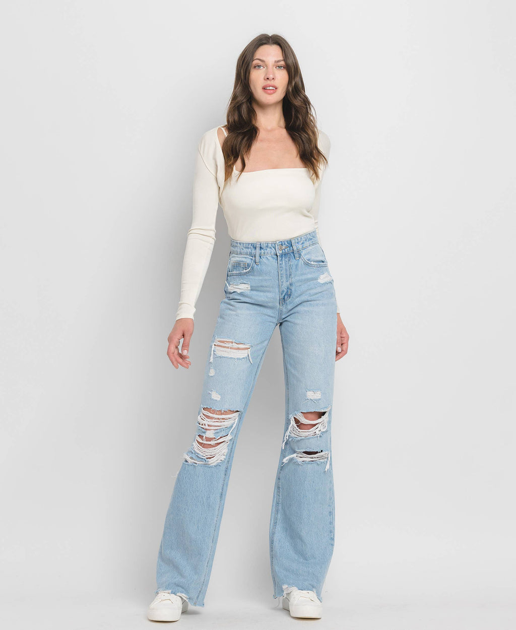 90'S VINTAGE SUPER HIGH RISE DISTRESSED FLARE JEANS