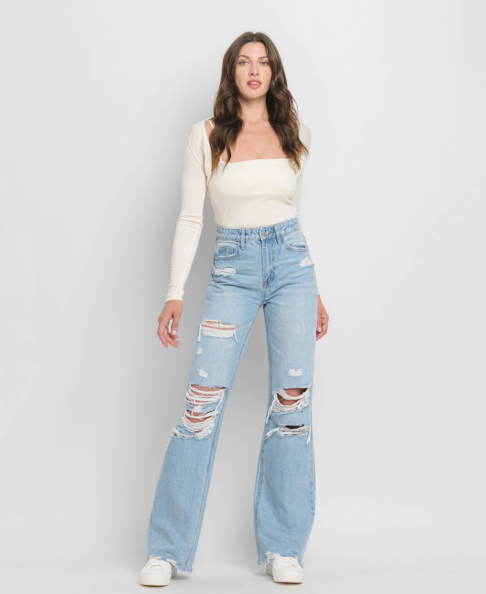 90'S VINTAGE SUPER HIGH RISE DISTRESSED FLARE JEANS