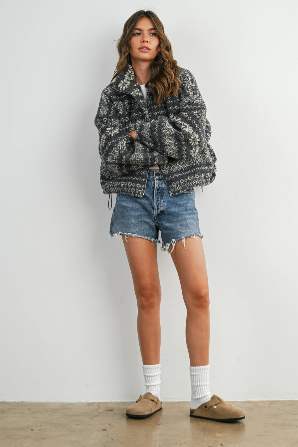 Fuzzy Fleece Zip-Front Patterned Jacket