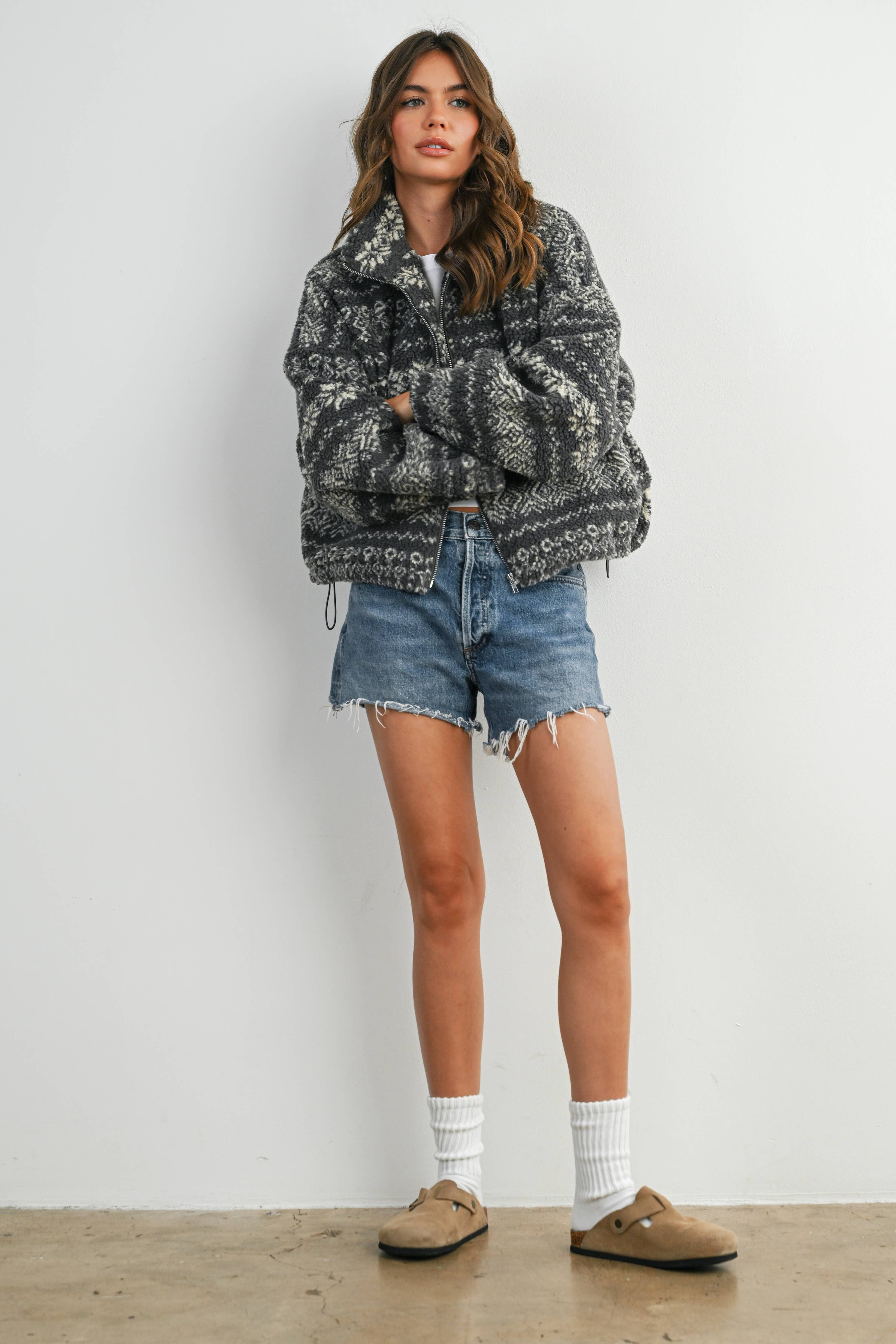Fuzzy Fleece Zip-Front Patterned Jacket