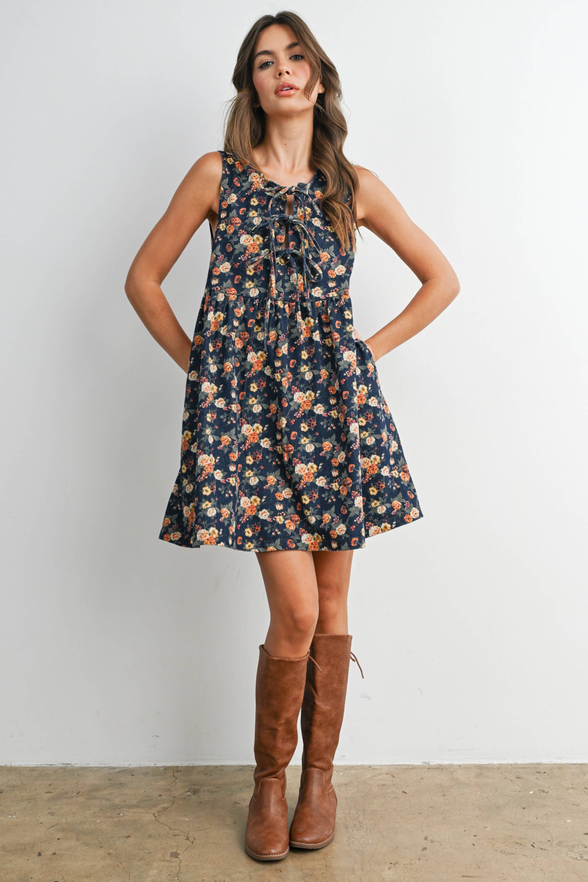Floral Babydoll Denim Dress