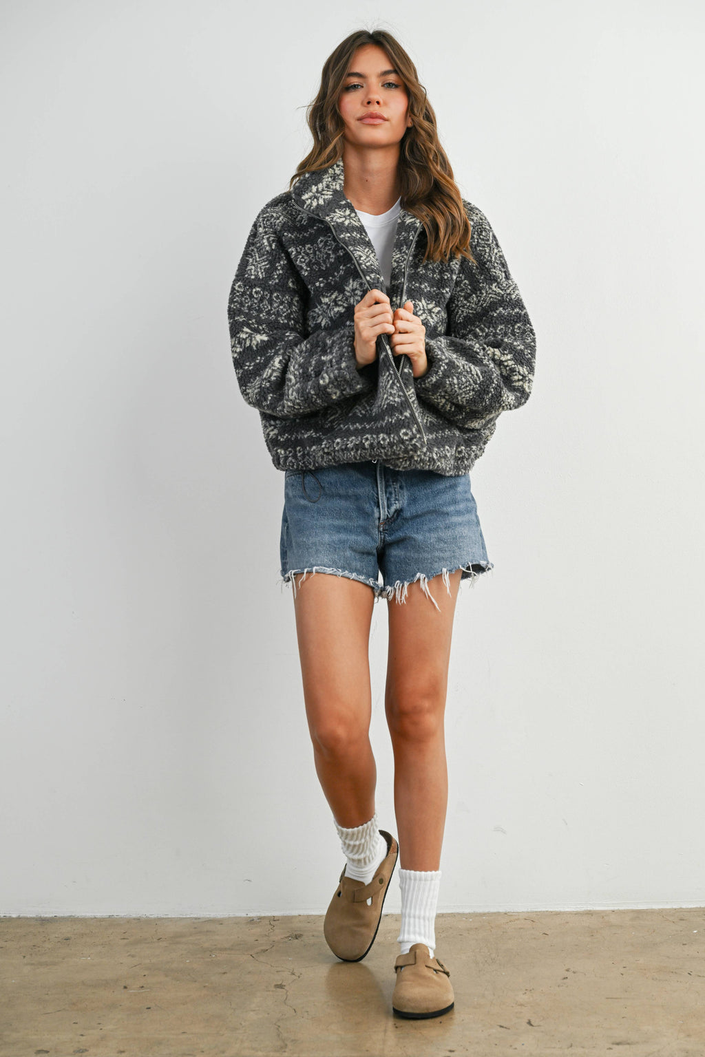 Fuzzy Fleece Zip-Front Patterned Jacket