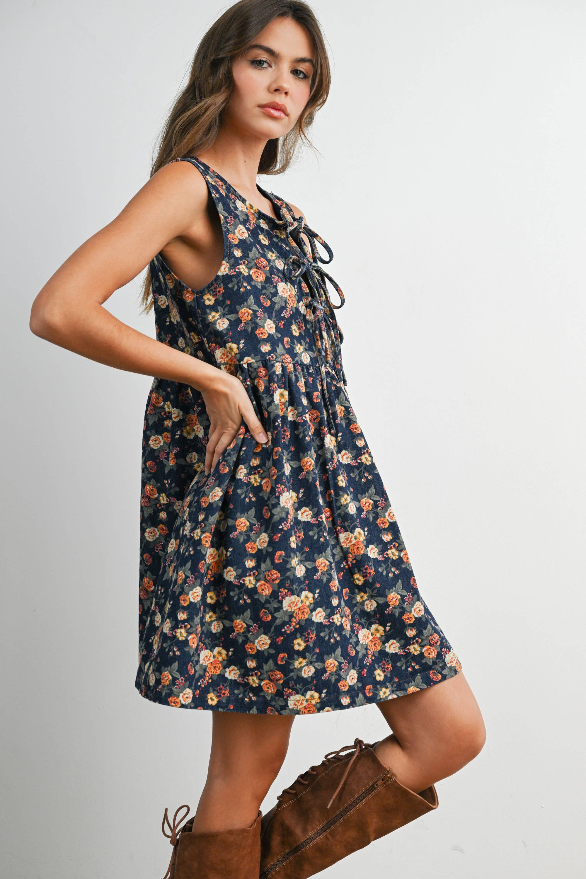 Floral Babydoll Denim Dress