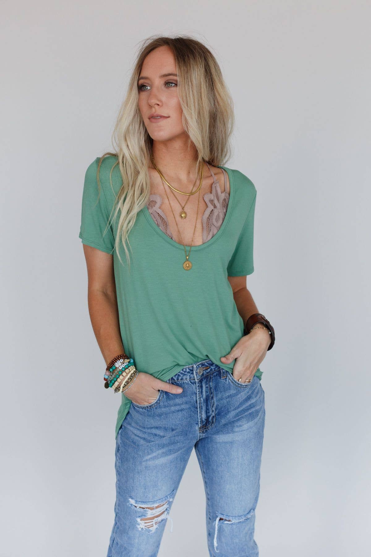 Scoop Neck Bralette Tee Sage