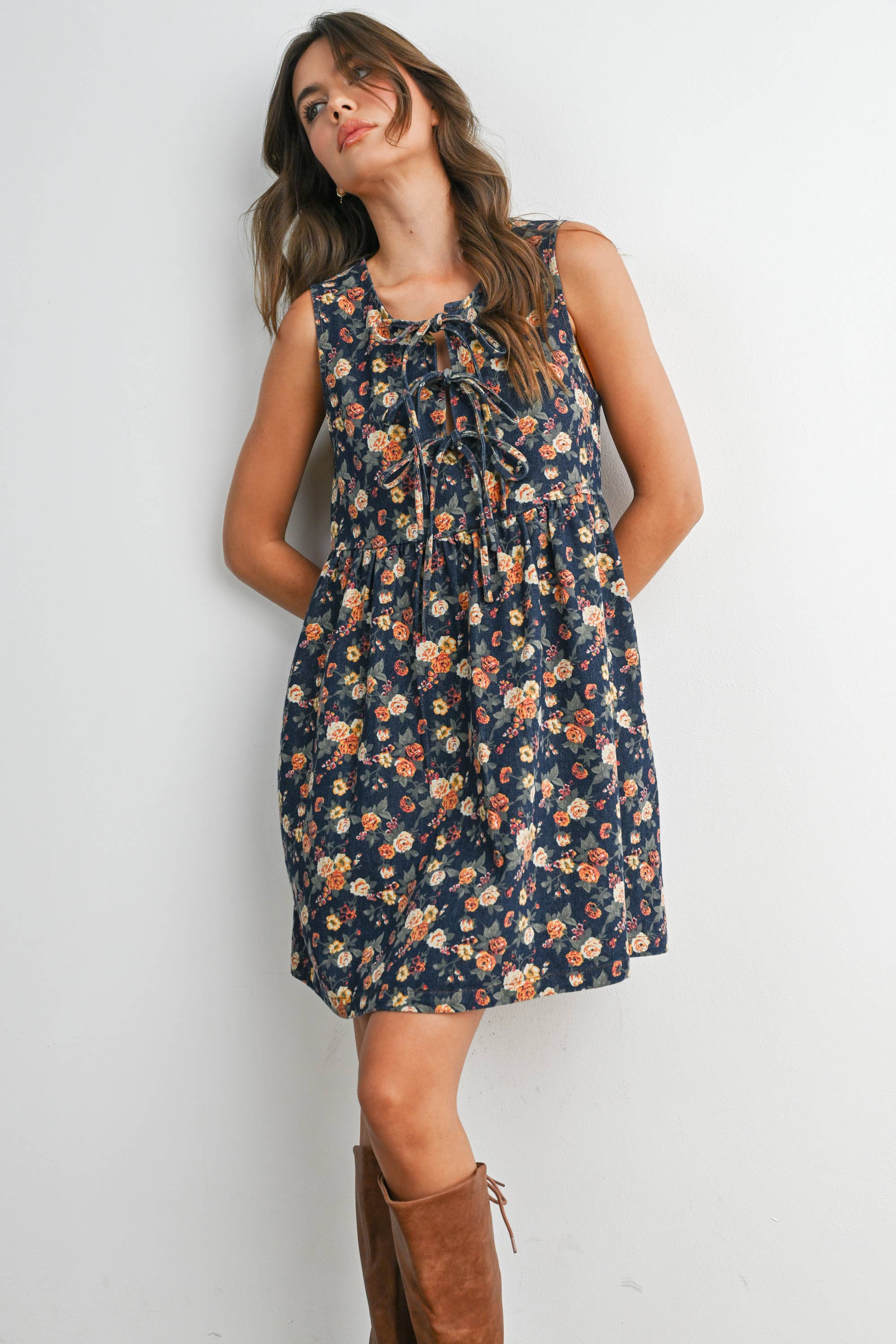 Floral Babydoll Denim Dress