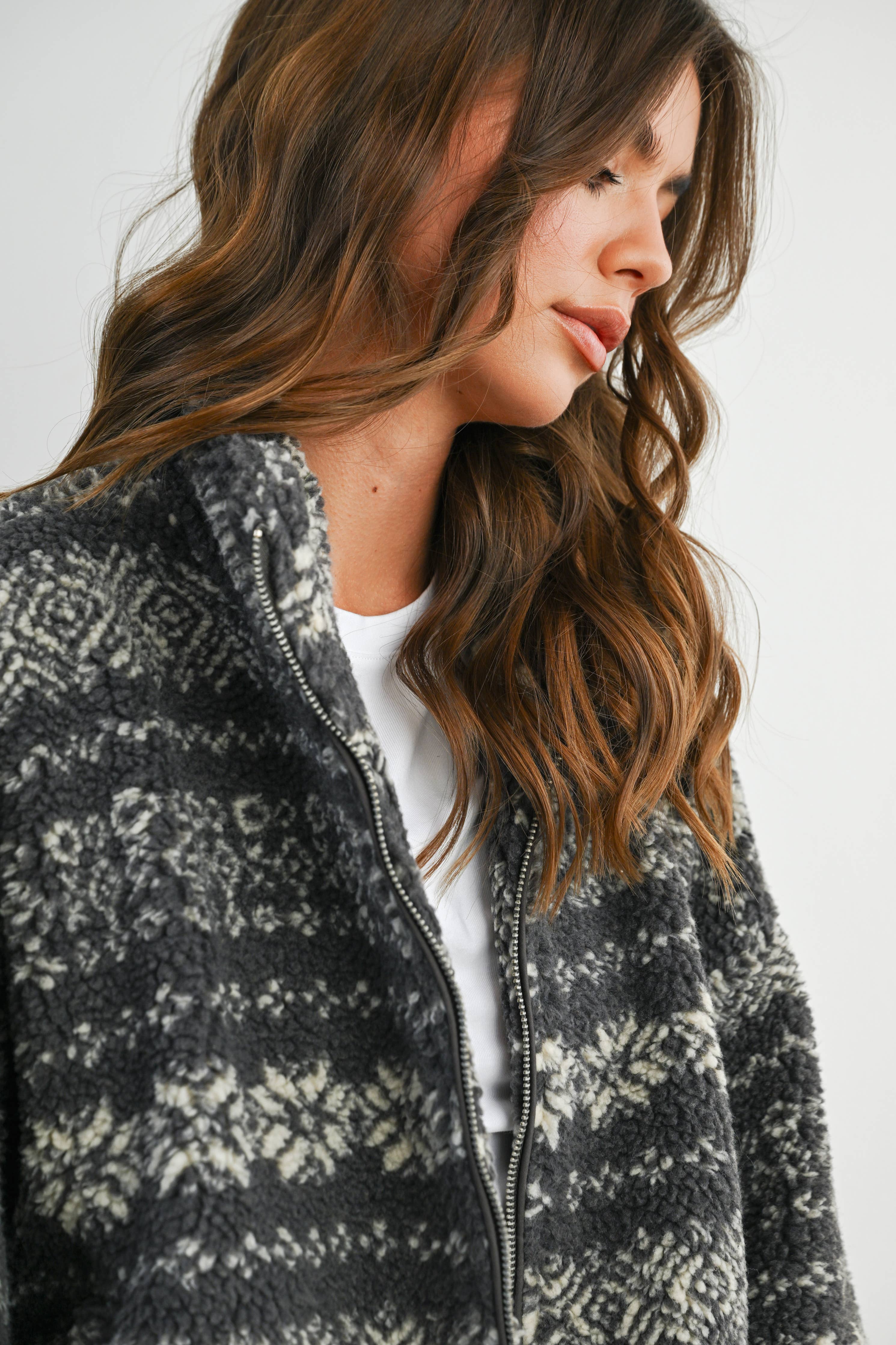 Fuzzy Fleece Zip-Front Patterned Jacket