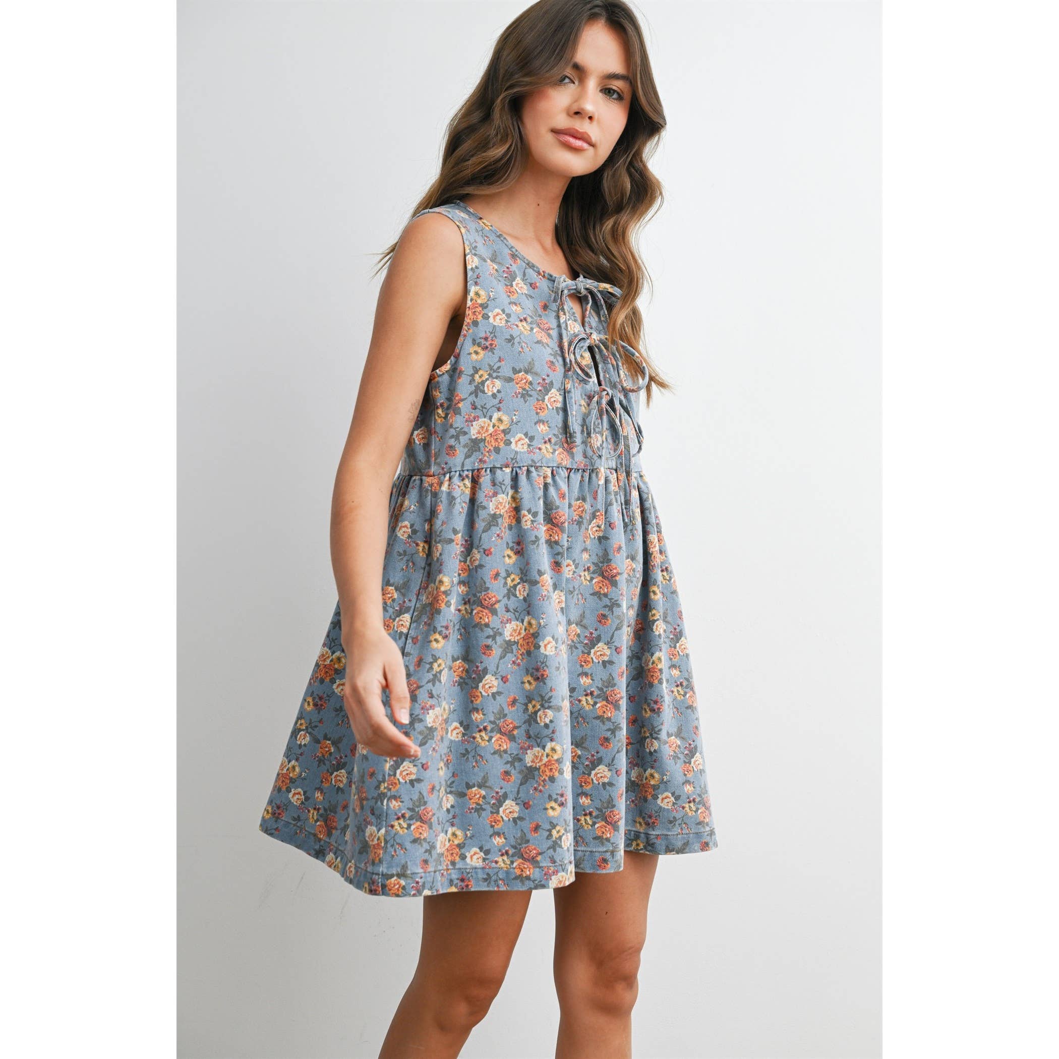 Floral Babydoll Denim Dress