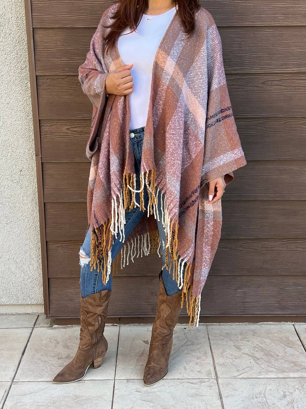 Autumn Sky Plaid Kimono w/ Tassel Trim