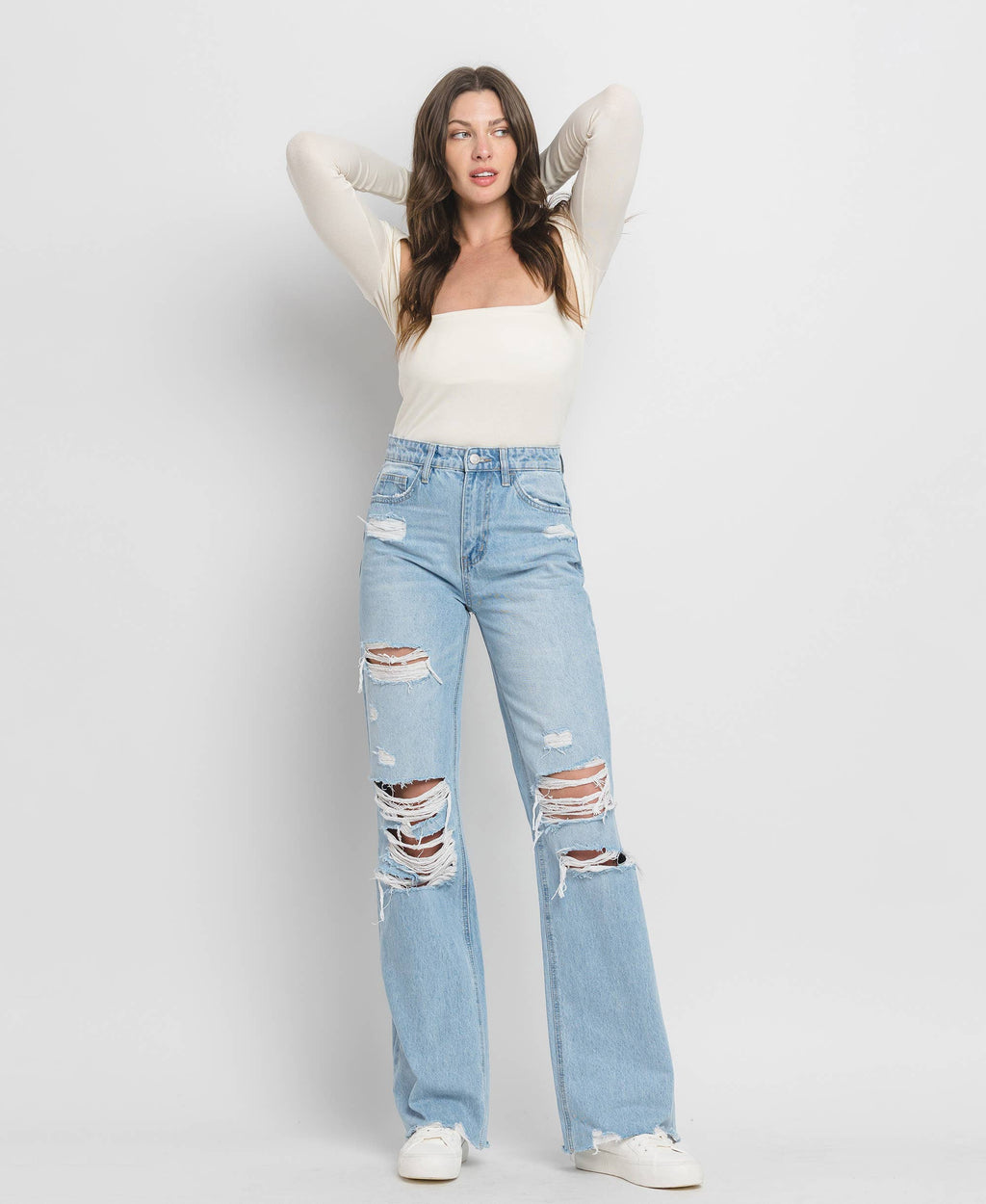 90'S VINTAGE SUPER HIGH RISE DISTRESSED FLARE JEANS