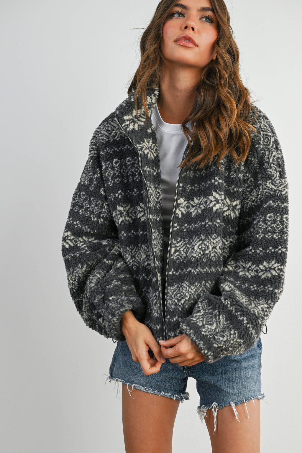 Fuzzy Fleece Zip-Front Patterned Jacket