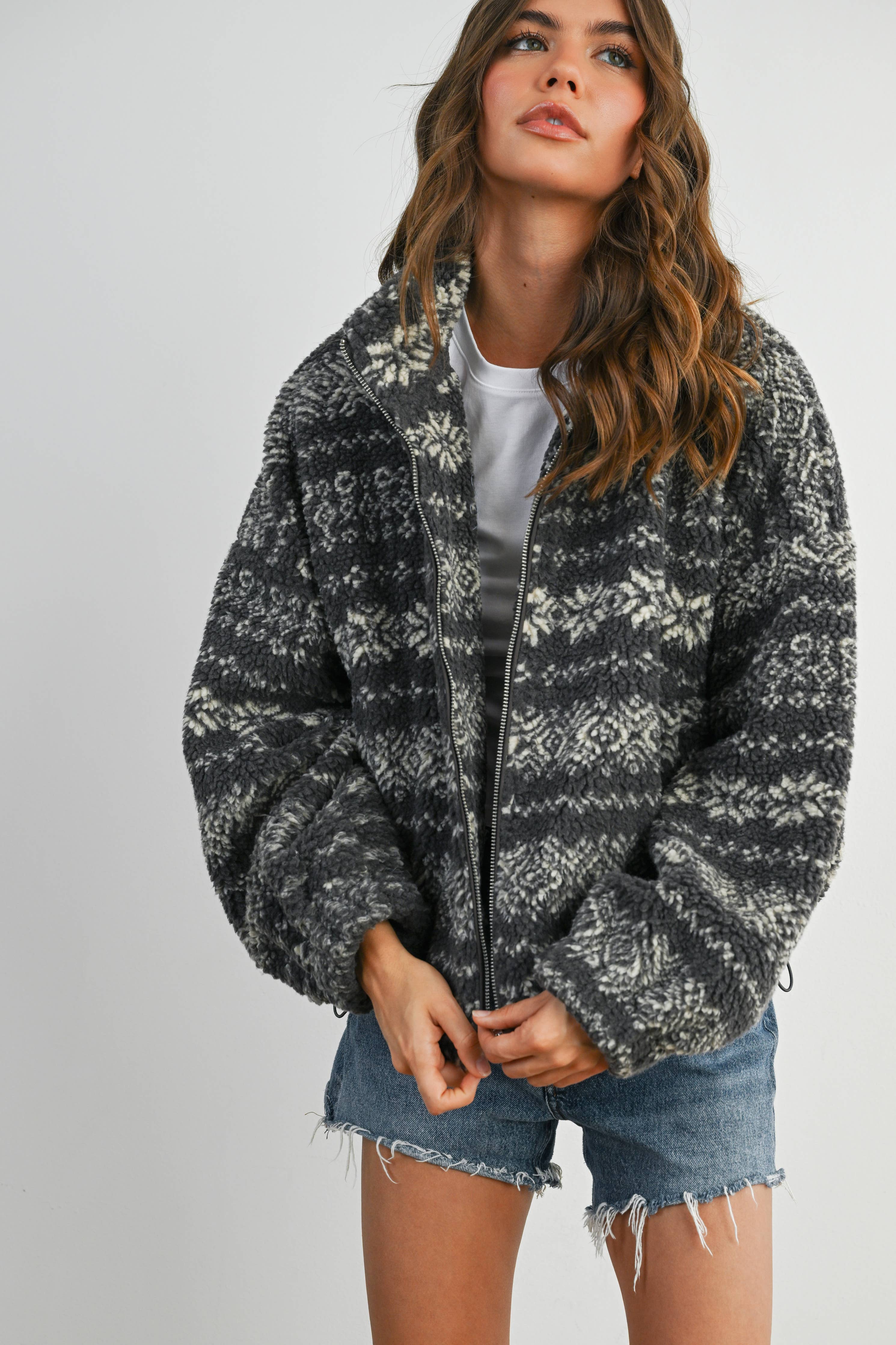 Fuzzy Fleece Zip-Front Patterned Jacket