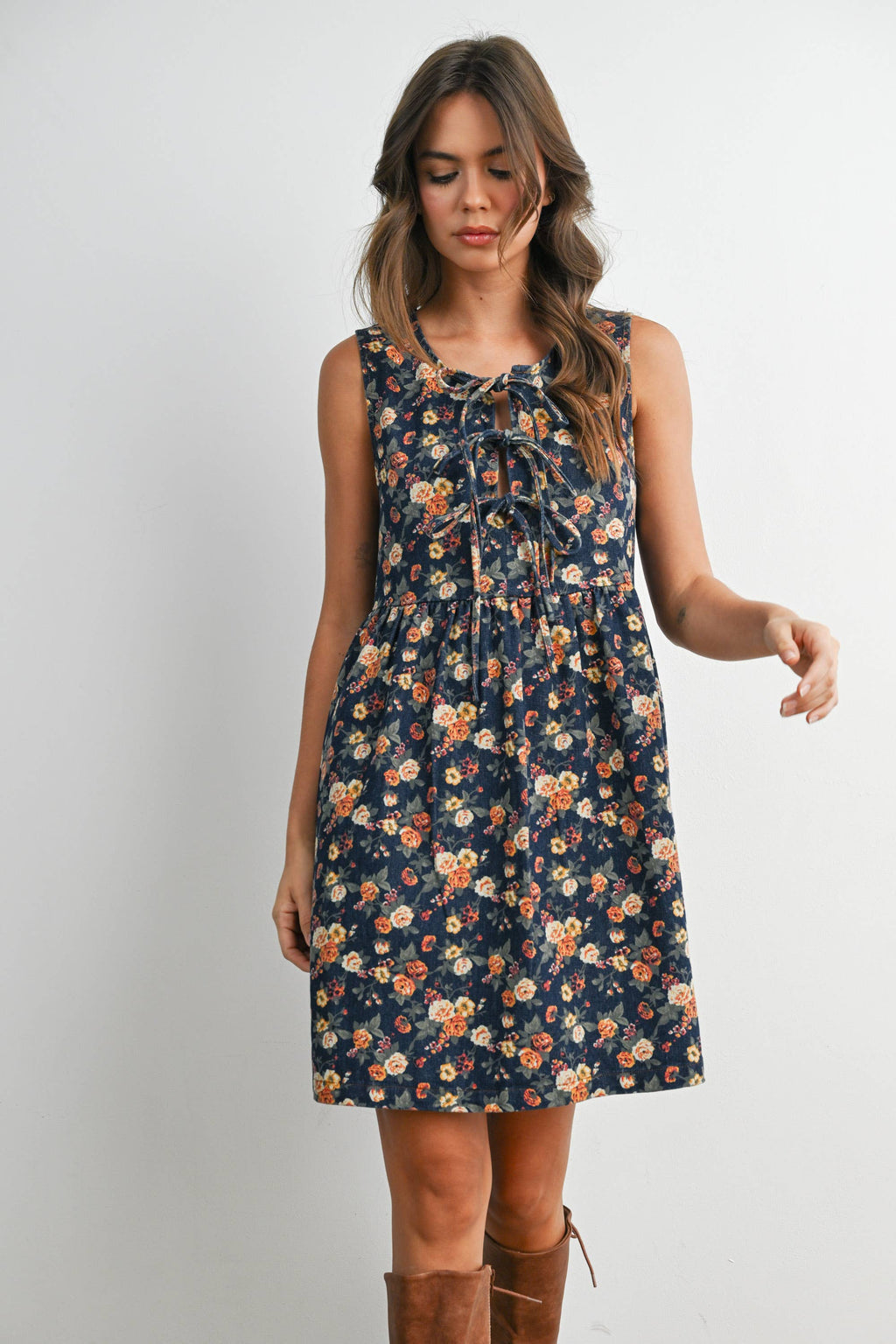 Floral Babydoll Denim Dress