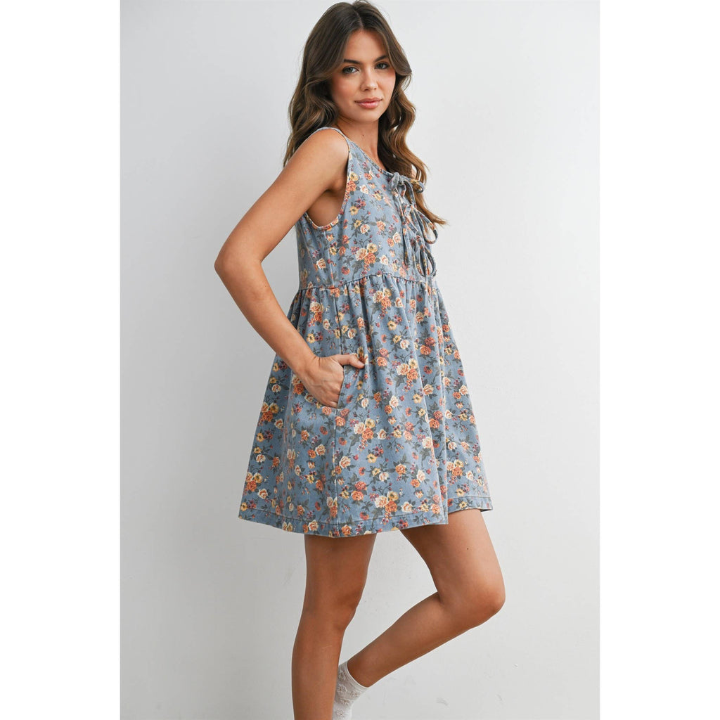 Floral Babydoll Denim Dress