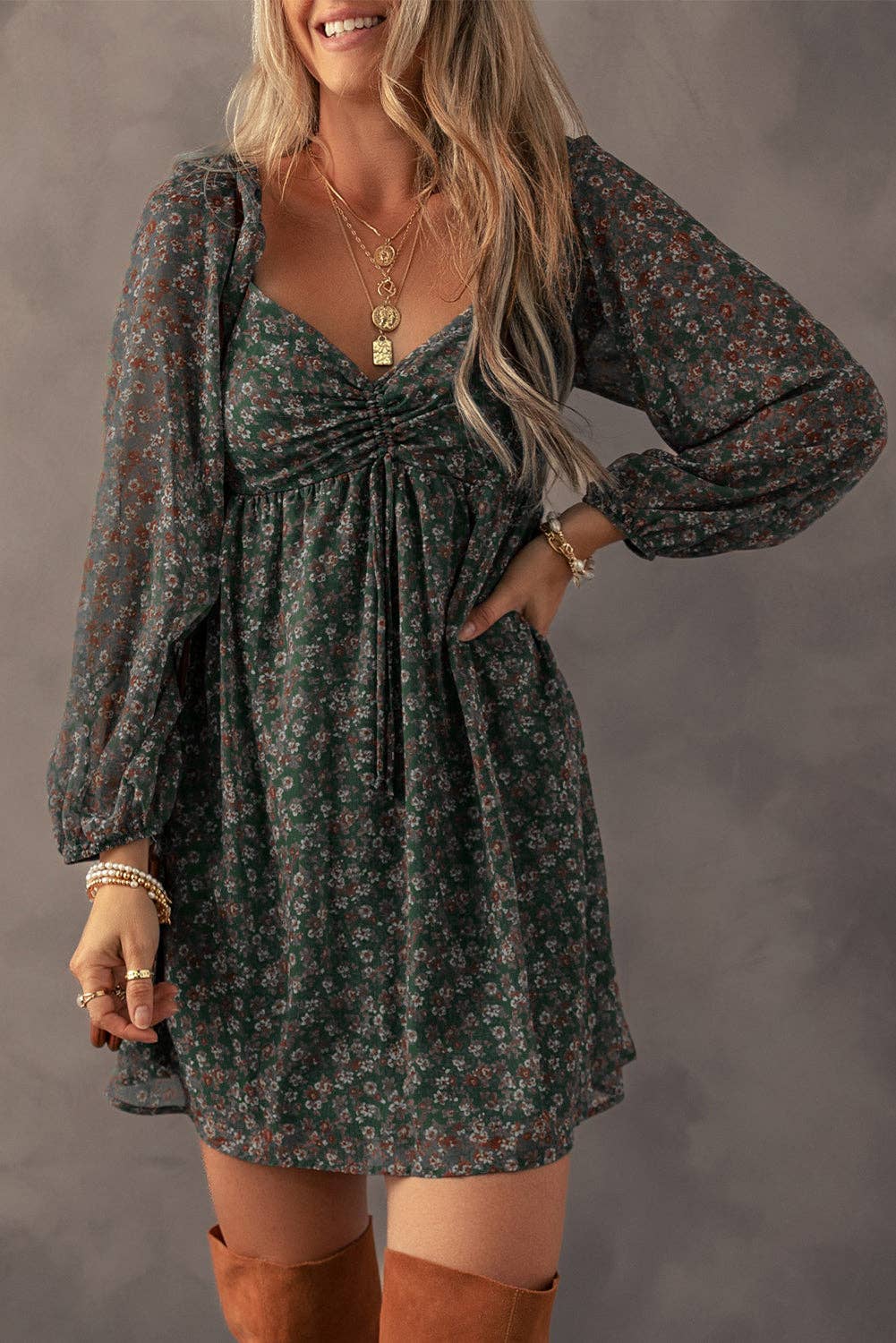 Green Floral Sweetheart Neck Mini Dress