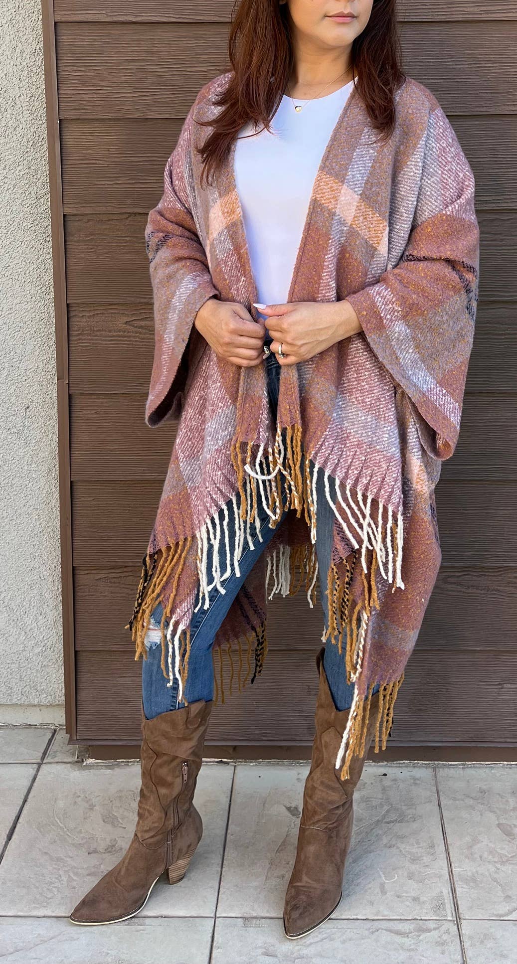 Autumn Sky Plaid Kimono w/ Tassel Trim