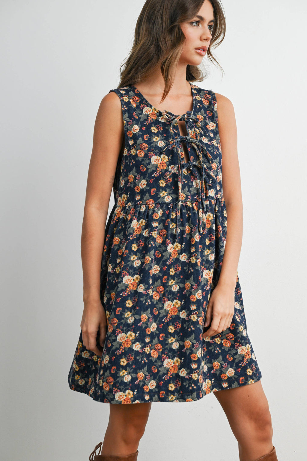 Floral Babydoll Denim Dress