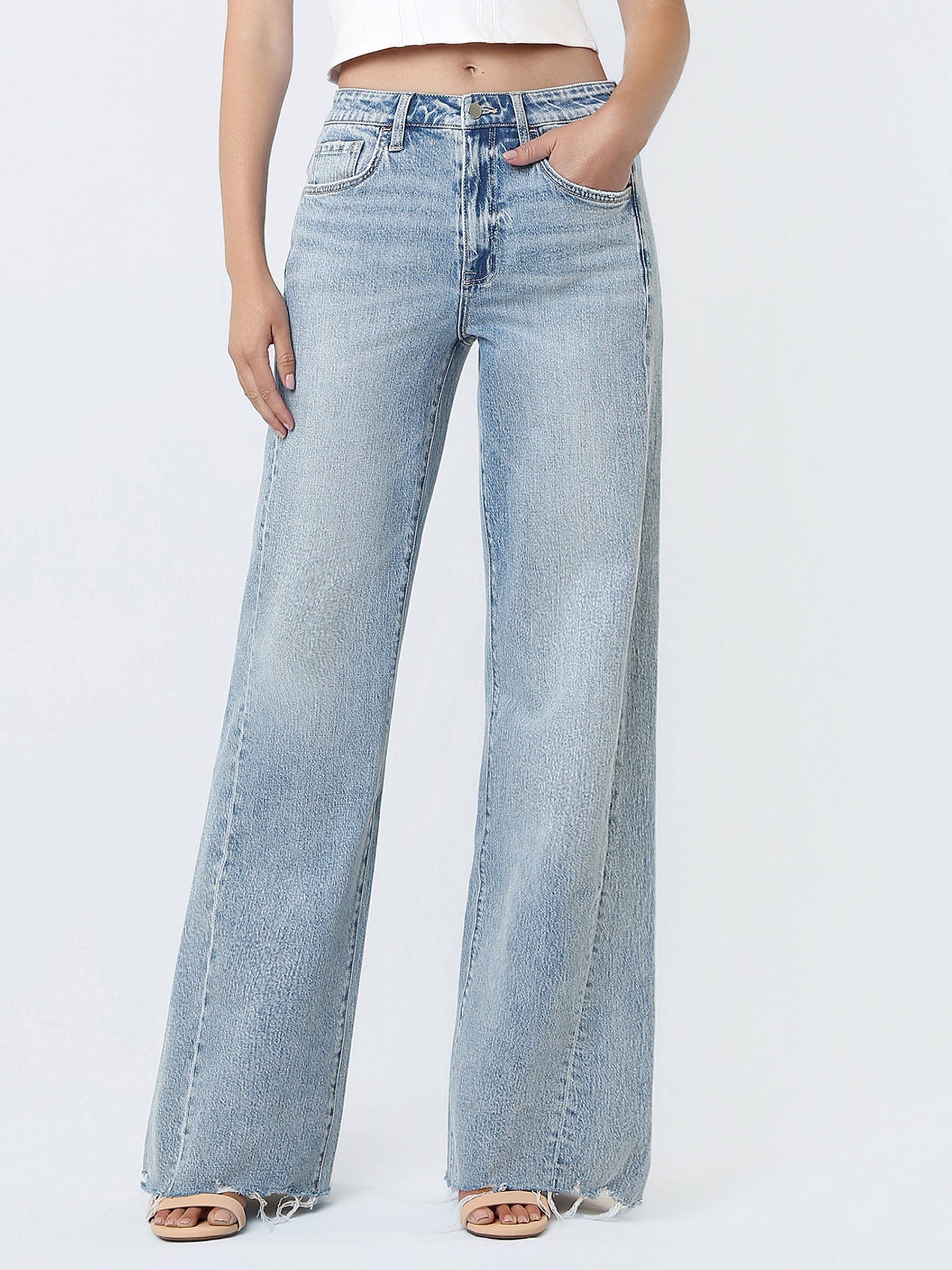 SUPER HIGH RISE UNEVEN RAW HEM VINTAGE FLARE JEANS F9091