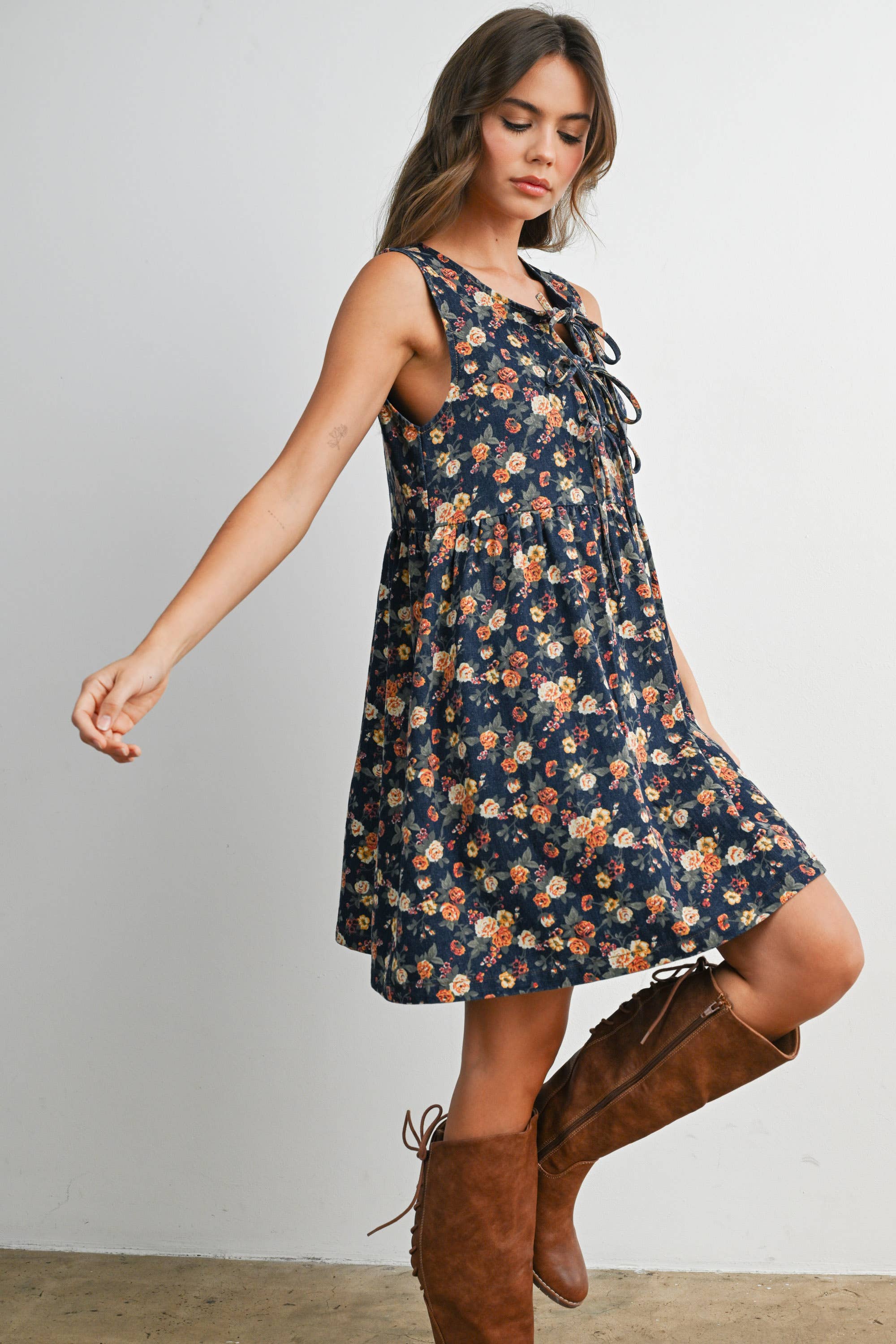 Floral Babydoll Denim Dress