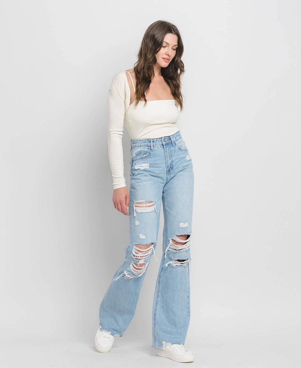 90'S VINTAGE SUPER HIGH RISE DISTRESSED FLARE JEANS