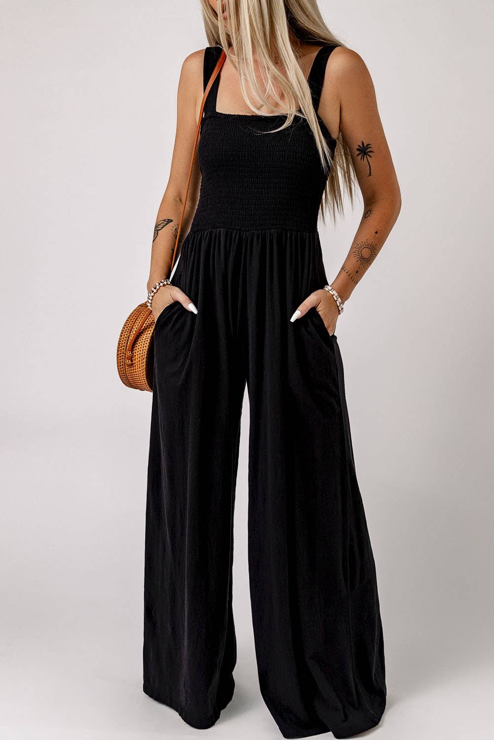 Smocked Wide Leg Jumpsuit with Pockets