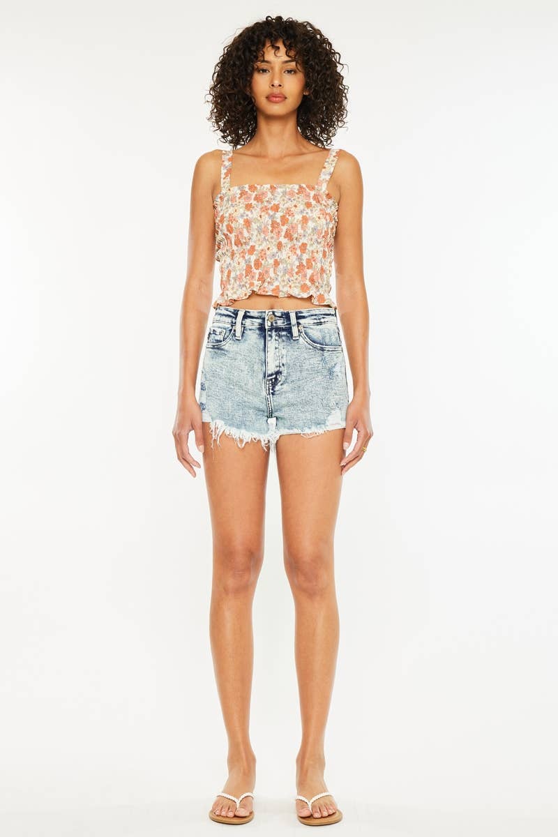 OPEN PACK HIGH RISE FRAY HEM DENIM SHORTS