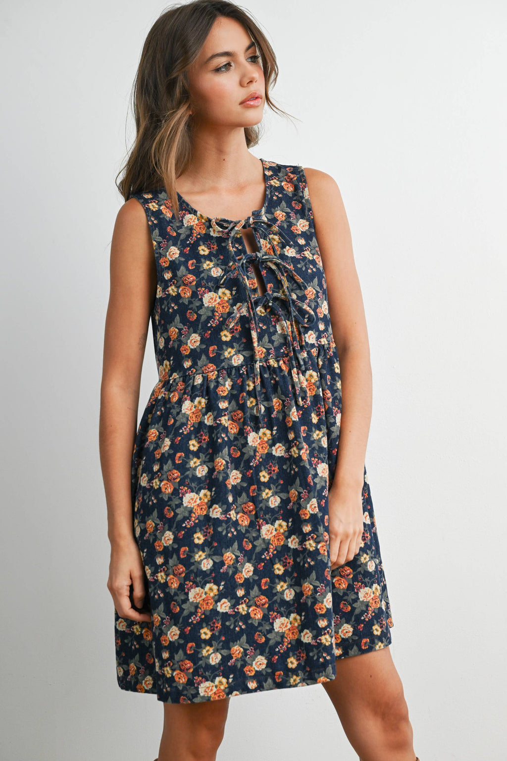 Floral Babydoll Denim Dress