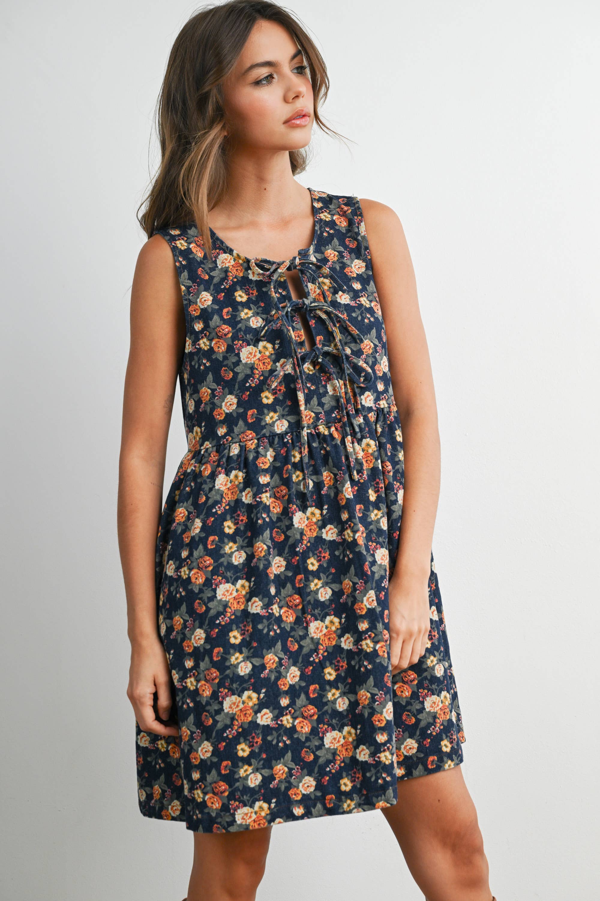 Floral Babydoll Denim Dress