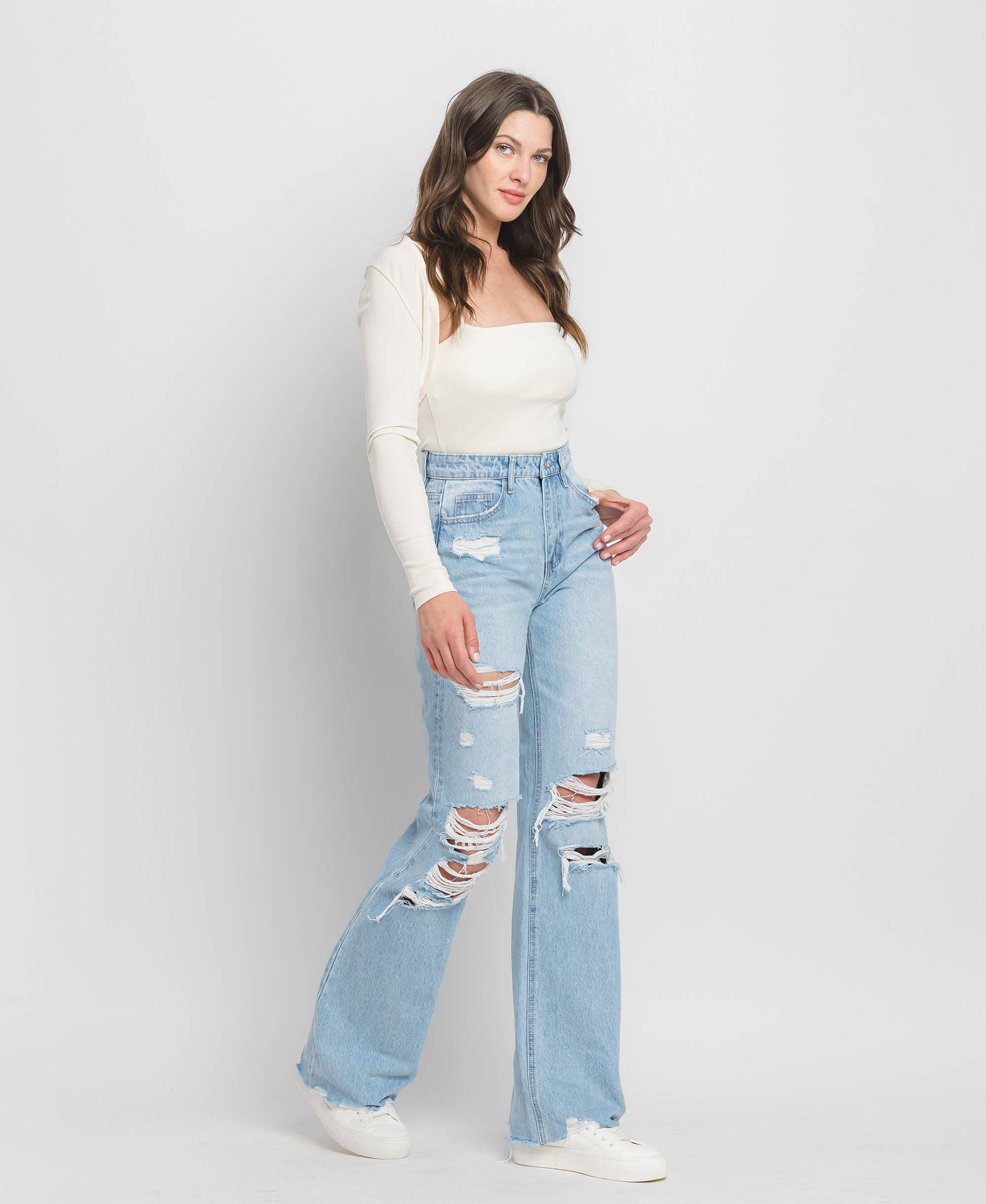 90'S VINTAGE SUPER HIGH RISE DISTRESSED FLARE JEANS