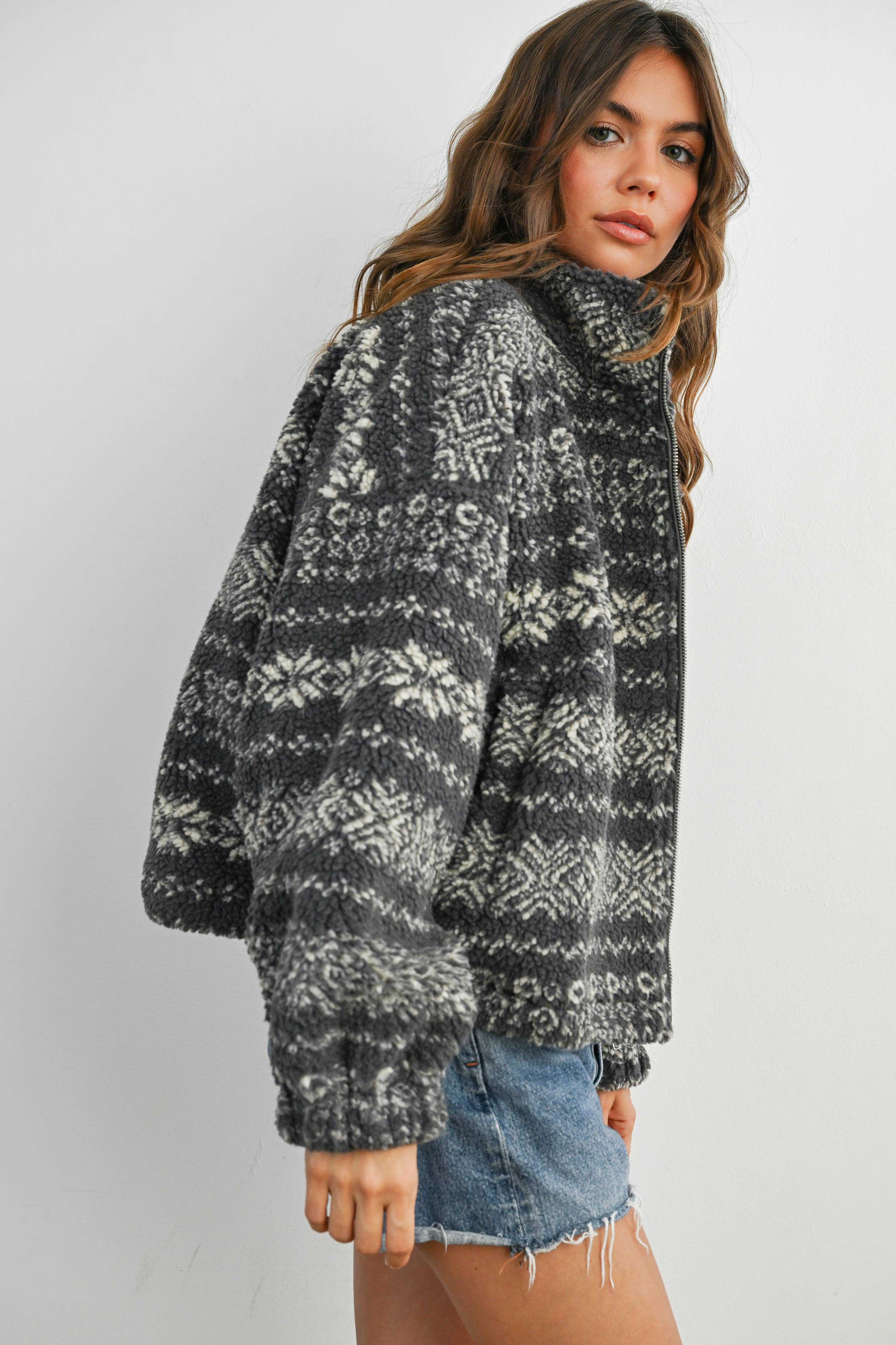Fuzzy Fleece Zip-Front Patterned Jacket