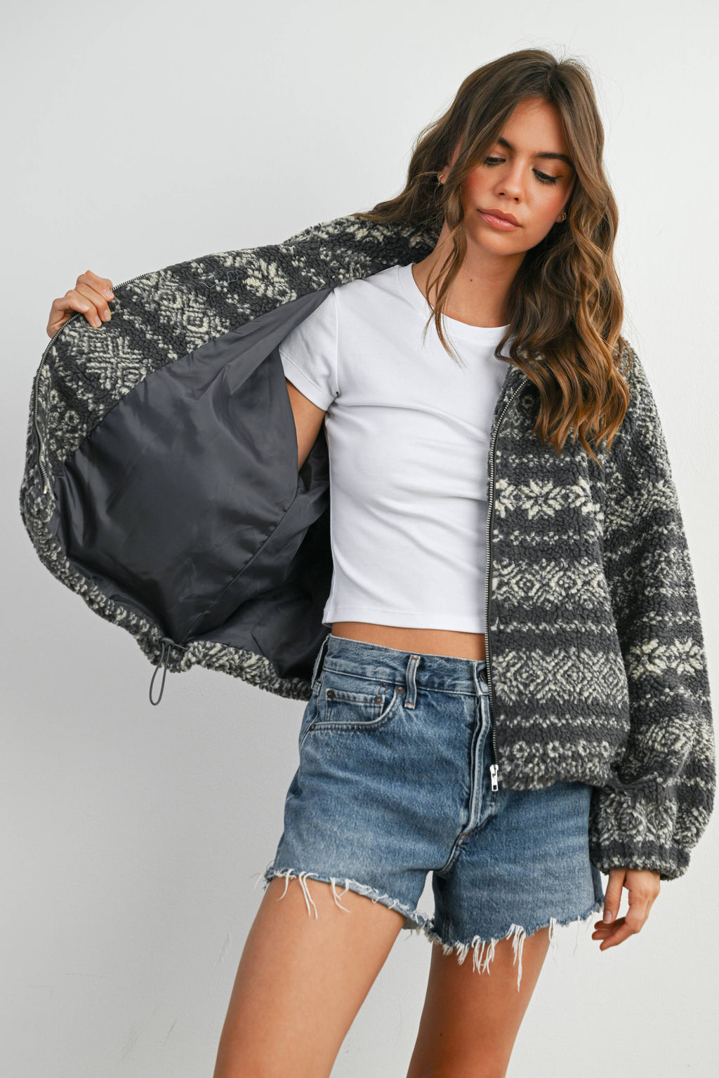 Fuzzy Fleece Zip-Front Patterned Jacket