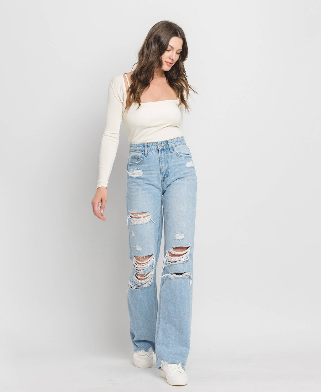 90'S VINTAGE SUPER HIGH RISE DISTRESSED FLARE JEANS