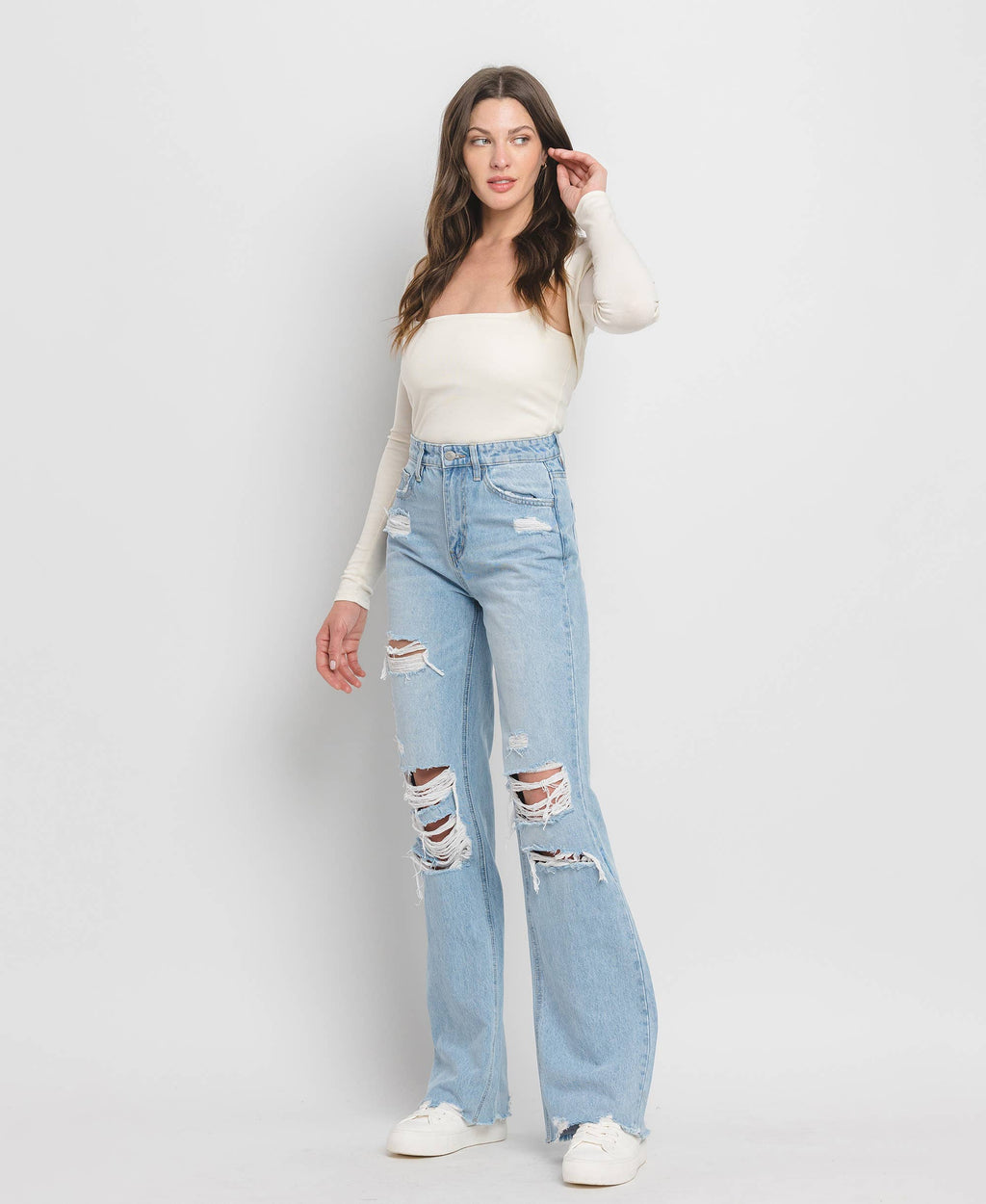 90'S VINTAGE SUPER HIGH RISE DISTRESSED FLARE JEANS