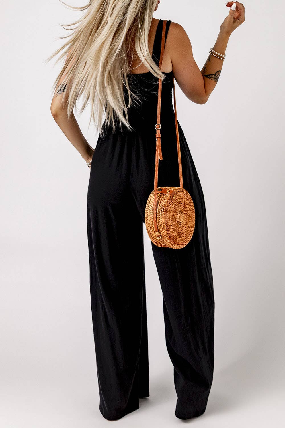 Smocked Wide Leg Jumpsuit with Pockets