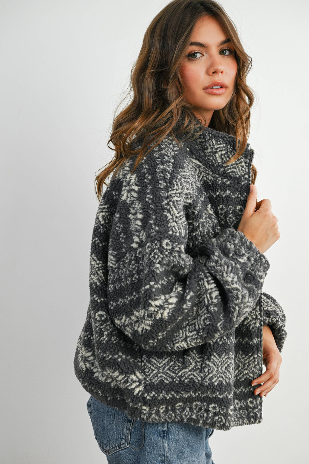 Fuzzy Fleece Zip-Front Patterned Jacket