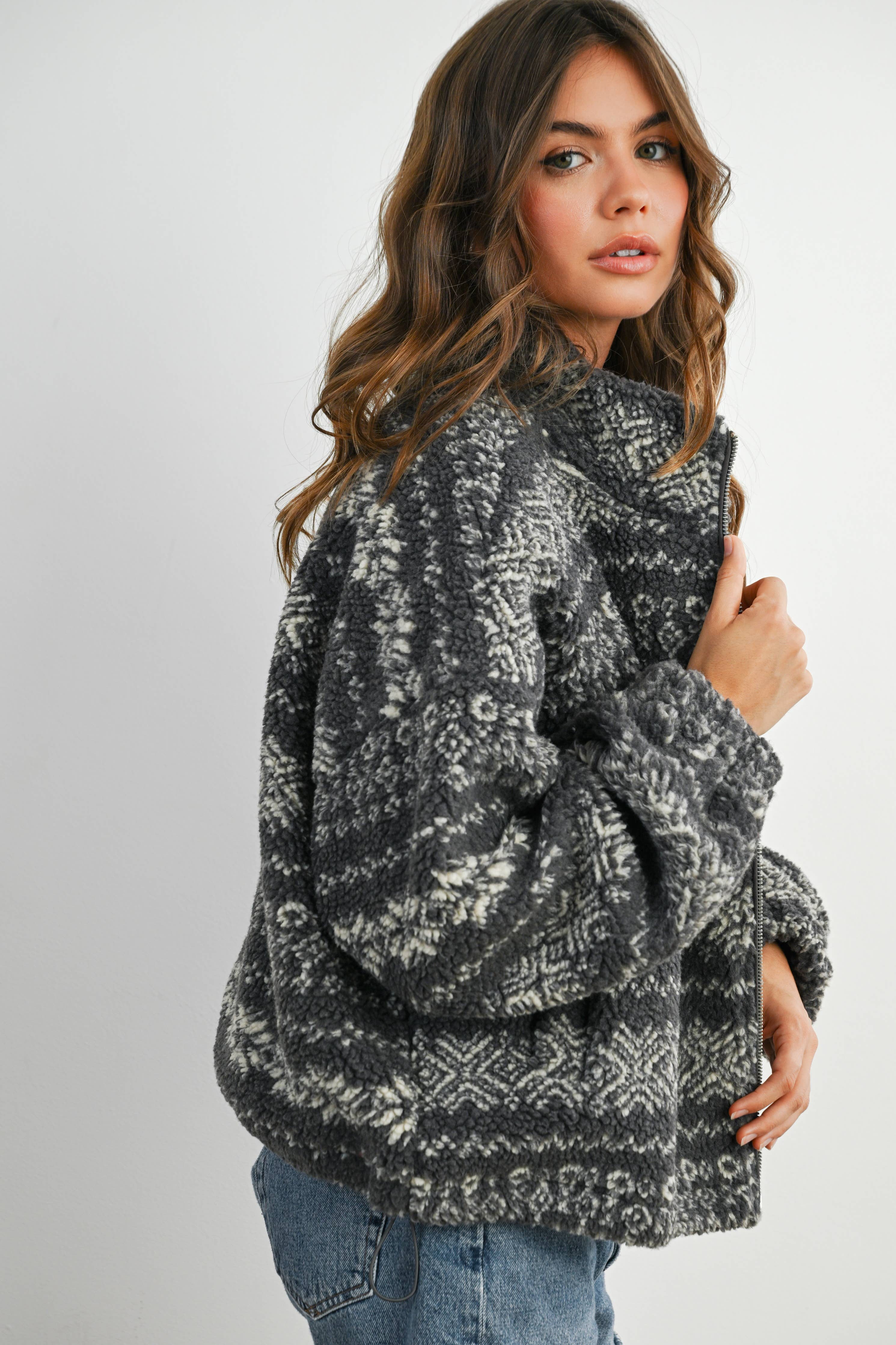 Fuzzy Fleece Zip-Front Patterned Jacket