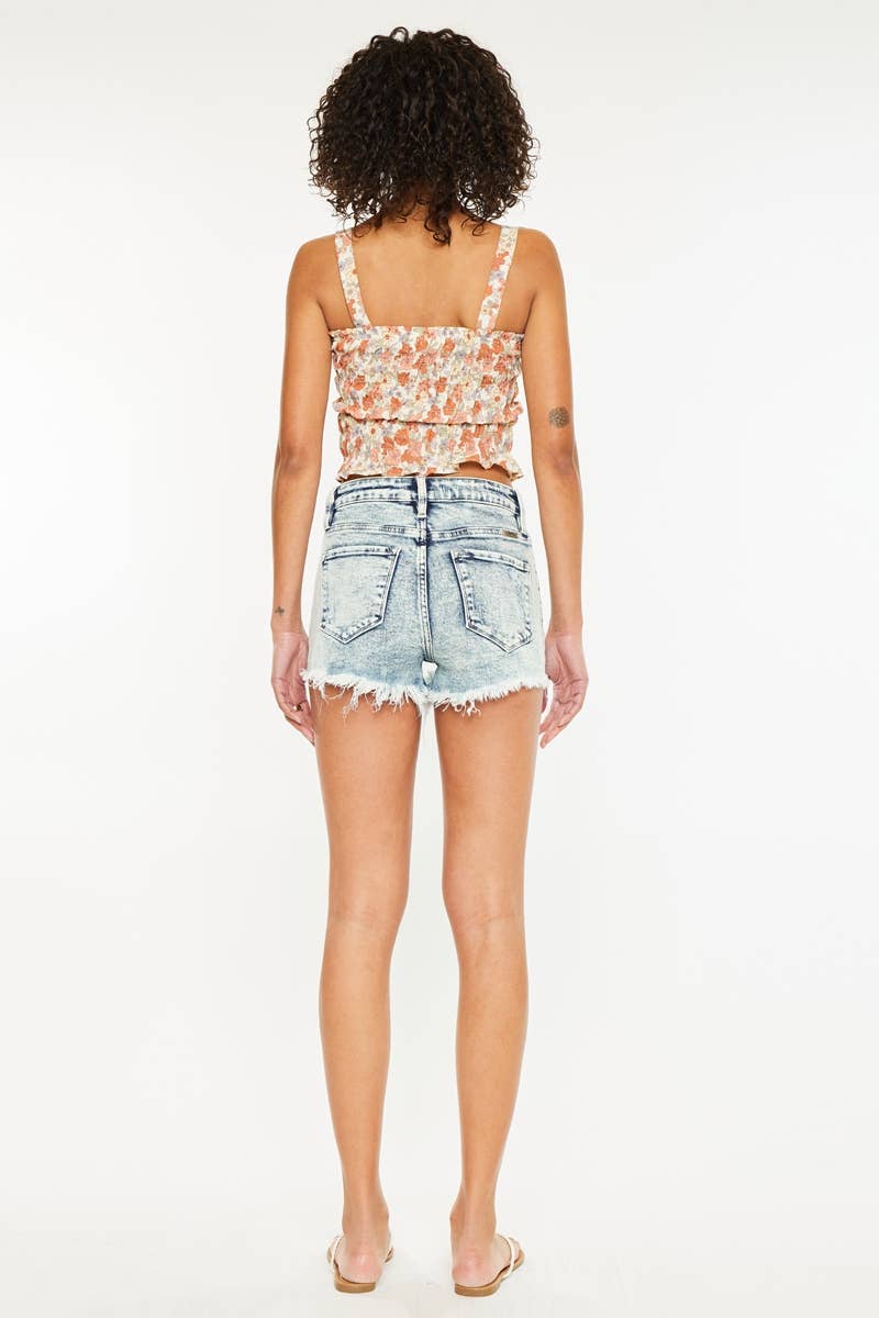 OPEN PACK HIGH RISE FRAY HEM DENIM SHORTS