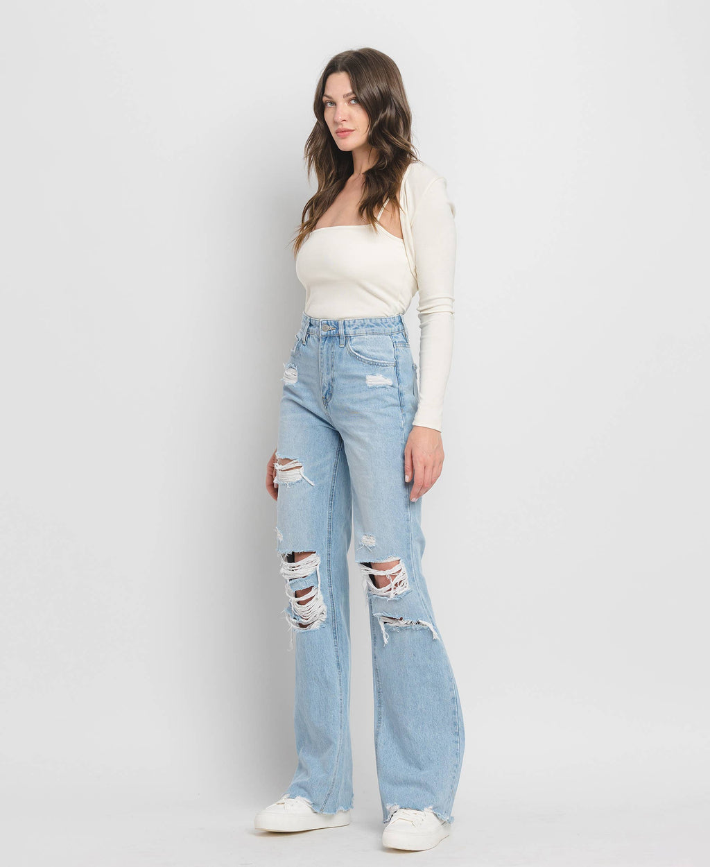 90'S VINTAGE SUPER HIGH RISE DISTRESSED FLARE JEANS