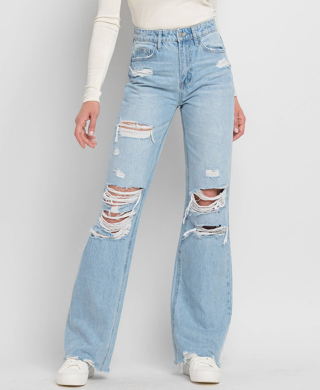 90'S VINTAGE SUPER HIGH RISE DISTRESSED FLARE JEANS