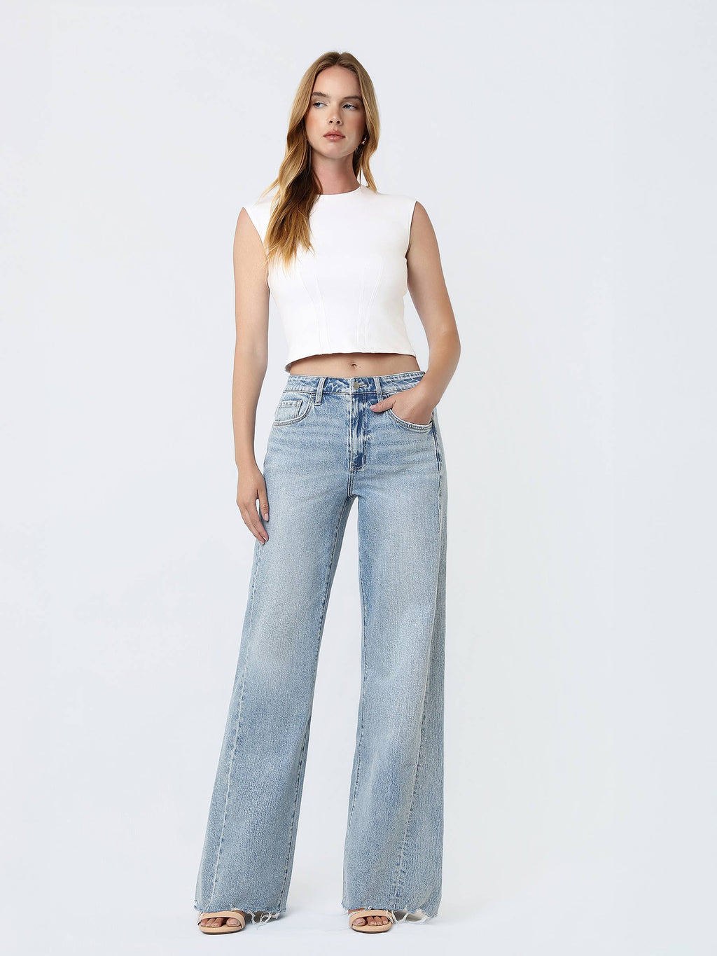 SUPER HIGH RISE UNEVEN RAW HEM VINTAGE FLARE JEANS F9091