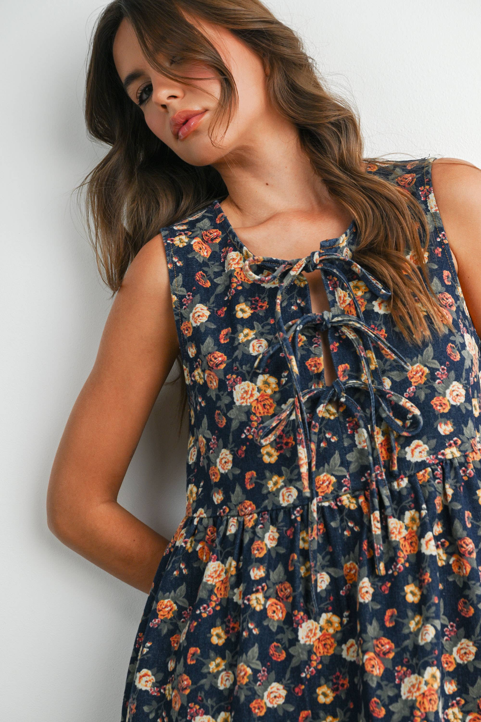 Floral Babydoll Denim Dress
