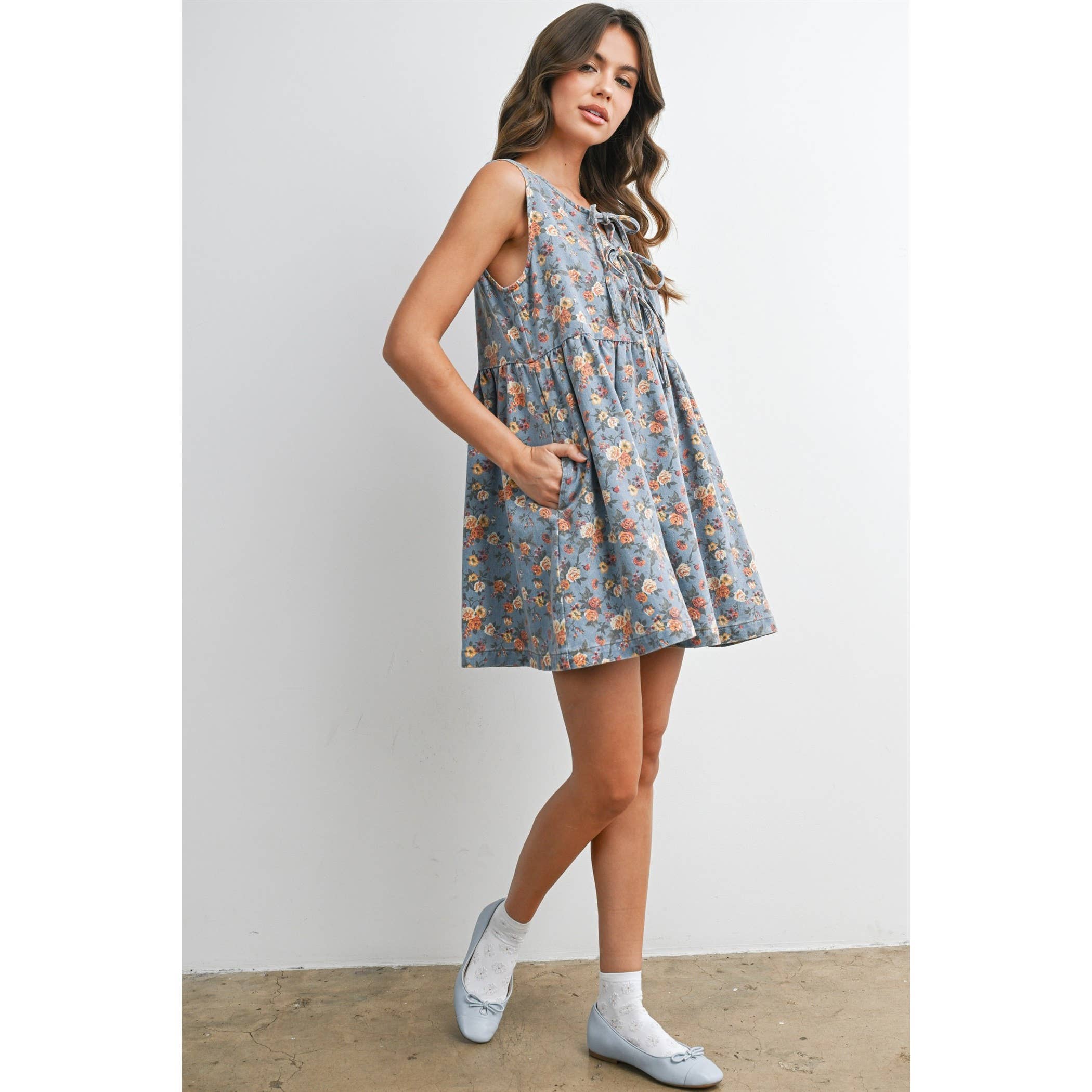 Floral Babydoll Denim Dress