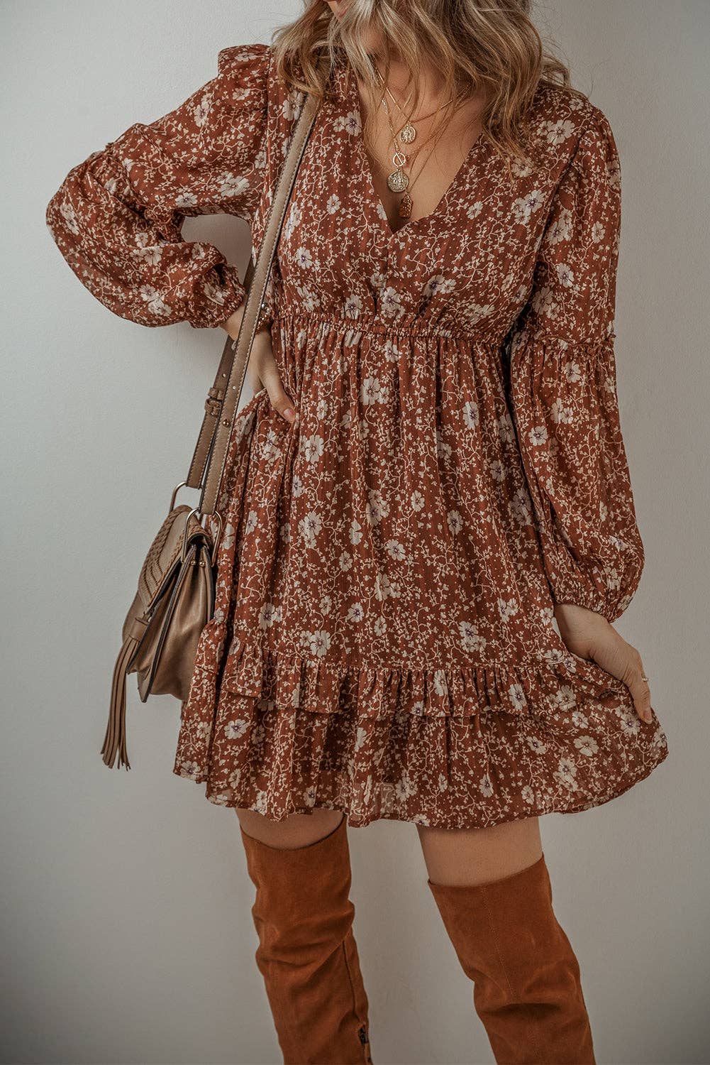 Brown Floral Mini Dress