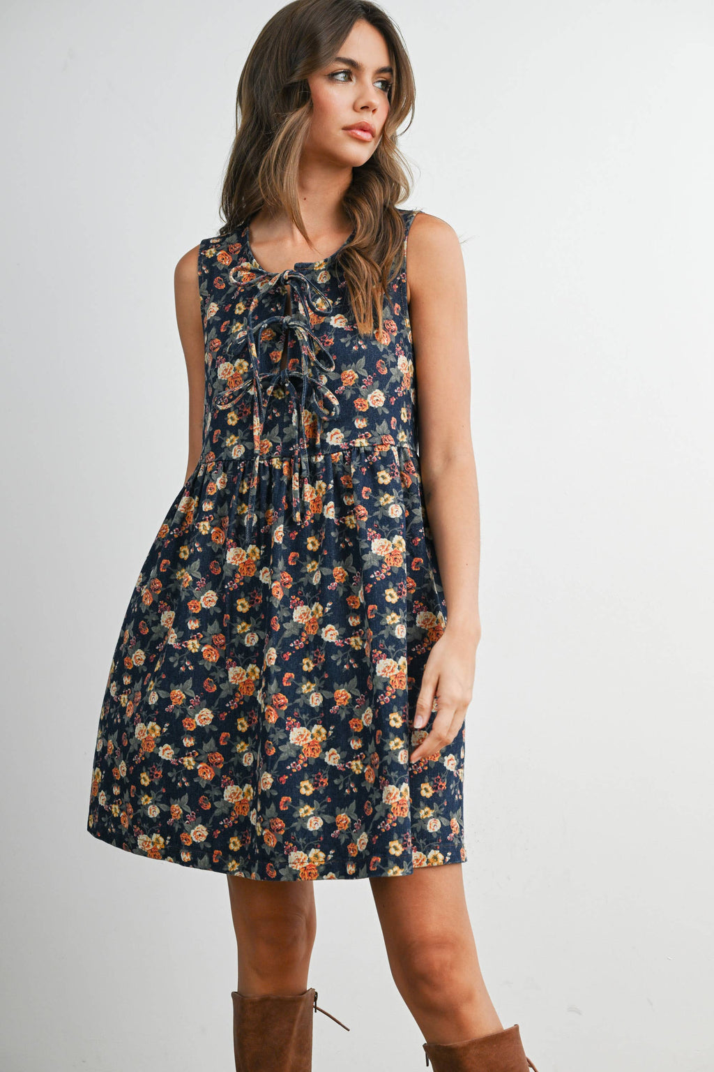 Floral Babydoll Denim Dress