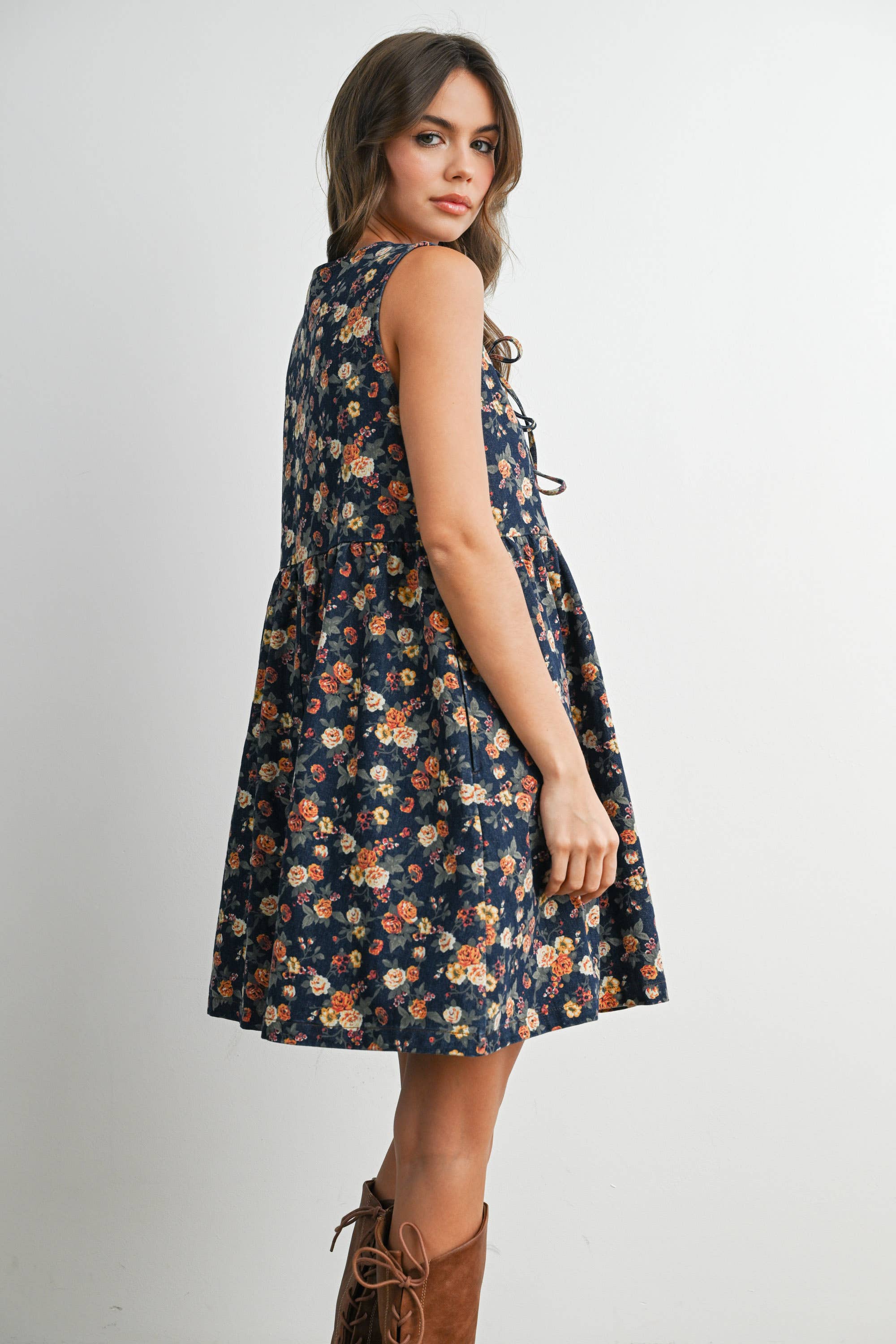 Floral Babydoll Denim Dress