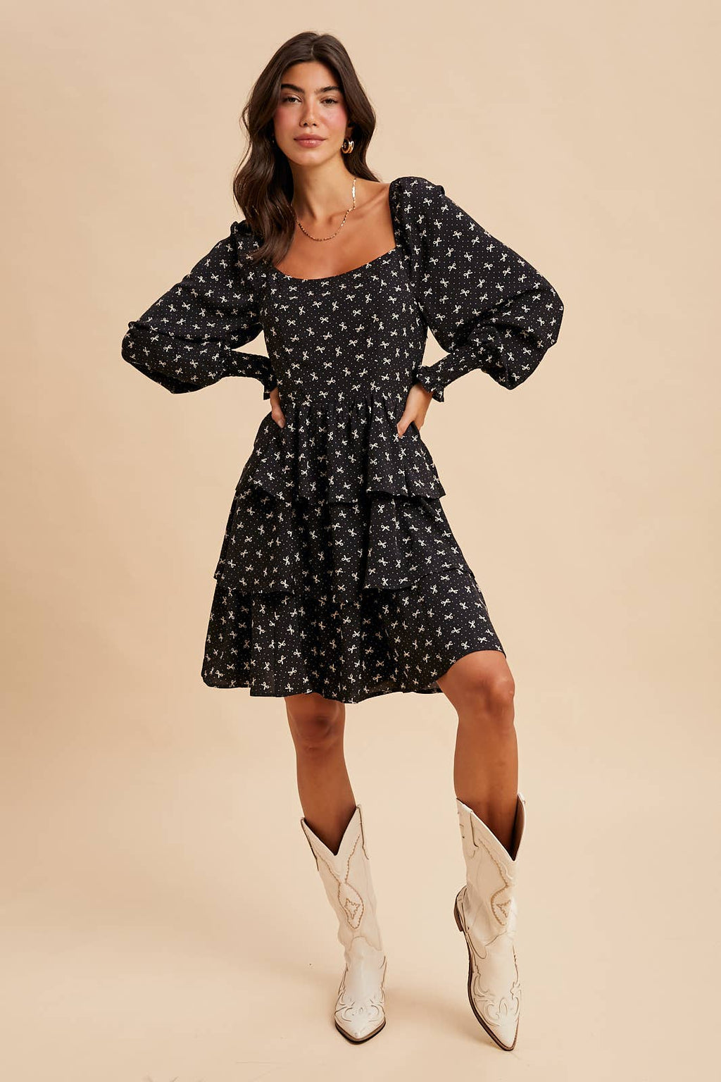 LONG SLEEVE TIERED MINI DRESS